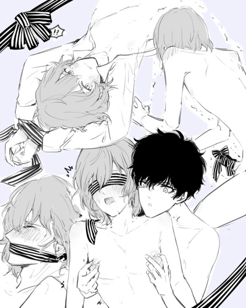 akira_kurusu blindfold gag goro_akechi male/male male_only nipple_play persona persona_5 ren_amamiya shaking tie tied_hands tied_penis yaoi