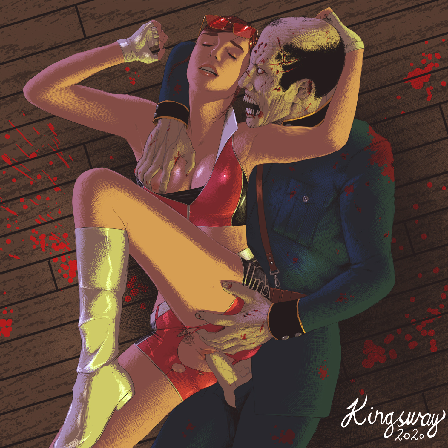 1boy, 1girls, 1monster, 2020, alternate costume, areolae, armpits, artist name, biohazard, black hair, blood, blood stain, boots, breast grab, breasts, breasts out, brown hair, capcom, claire redfield, closed eyes, clothed, clothed male, clothed sex, empty eyes, exposed pussy, female, fingerless gloves, glasses, gloves, grey skin, hand behind another's head, hand on breast, human, interspecies, kingsway, light skin, light-skinned female, looking pleasured, lying on side, male, male/female, medium breasts, monster, monster on female, nipples, no bra, on floor, open mouth, penis, penis out, pleasure face, ponytail, pubic hair, pussy, resident evil, resident evil 2, ripped clothing, ripped shorts, sex, shorts, sportswear, sunglasses, sunglasses on head, tagme, teeth, topwear, undead, vaginal penetration, vaginal sex, wooden floor, zombie