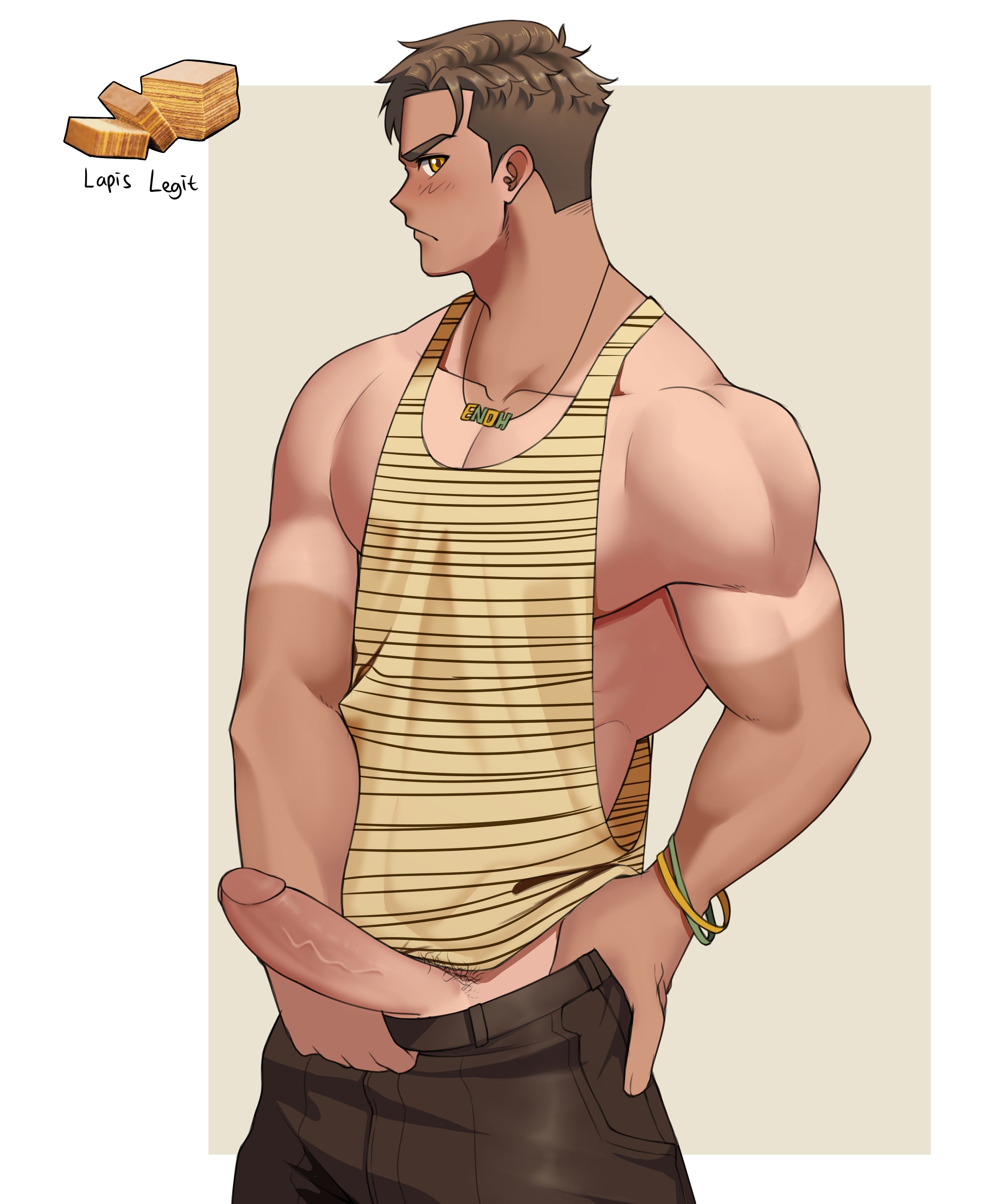 1boy, absurd res, bara, big penis, blush, bracelet, brown eyes, brown hair, erect penis, erection, gijinka, hazel eyes, hi res, lapis legit, looking at viewer, male, male only, muscles, muscular, muscular male, necklace, oc, original character, pants down, pants pull, penis, penis out, shorts, shy, solo, solo focus, solo male, tan, tuanenoh, veins, veiny penis, yaoi
