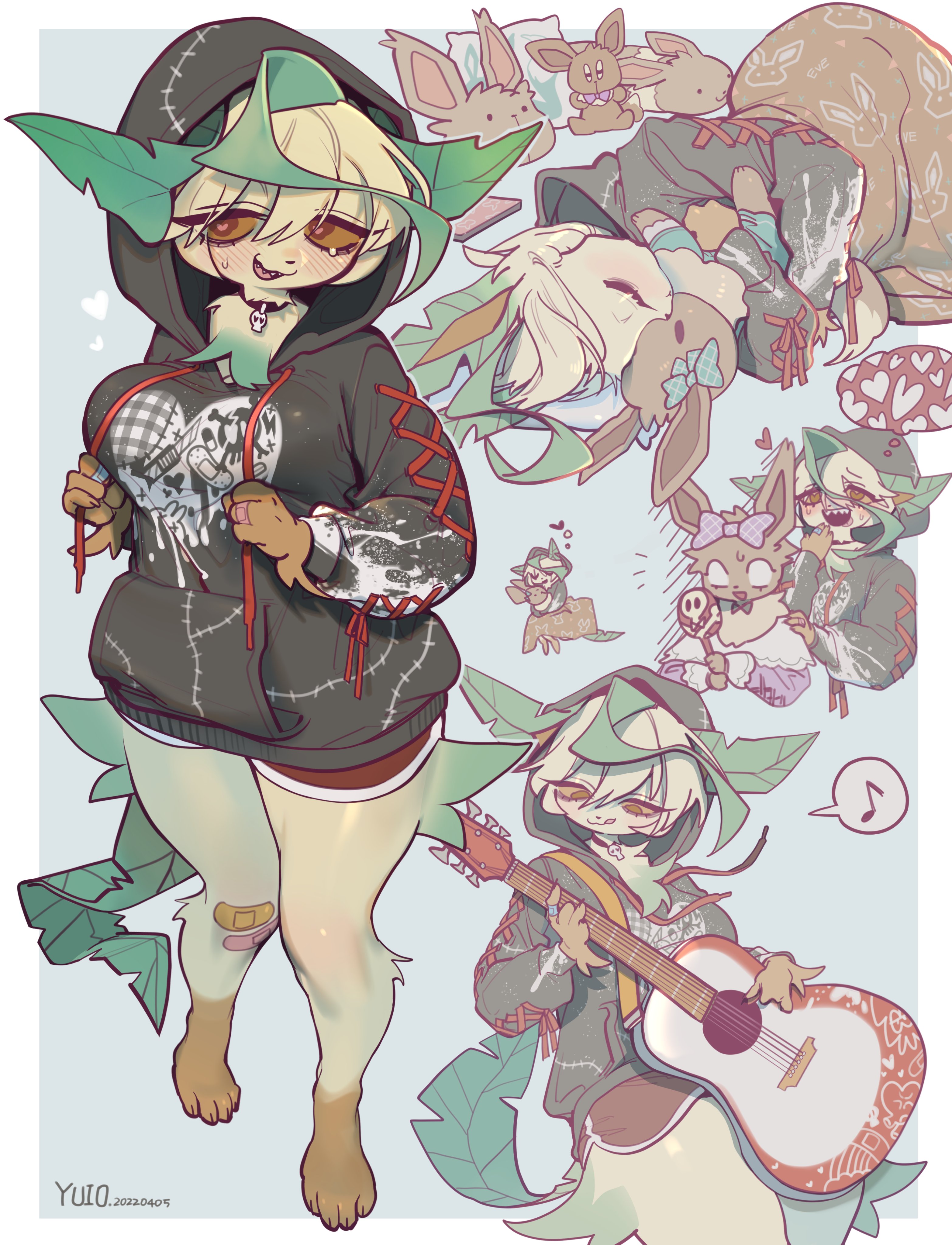 big breasts, breasts, eevee, eeveelution, feet, female, furry, guitar, hoodie, leafeon, nintendo, plushie, pokemon, pokemon (species), tagme, yuio