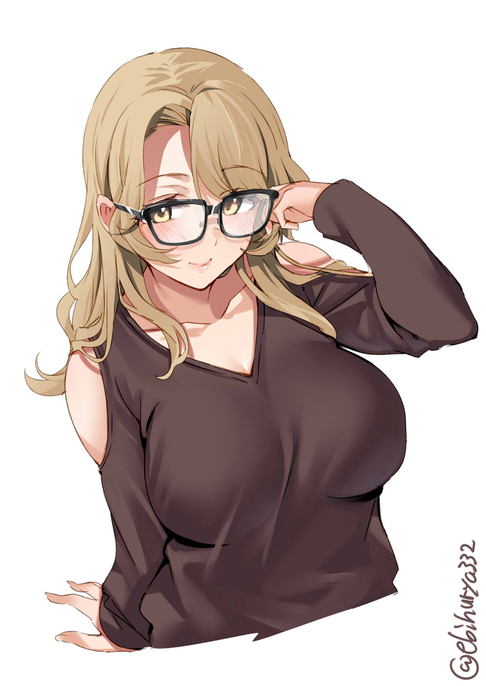 alternate_costume bangs bespectacled black-framed_eyewear blonde_hair blush breasts brown_shirt closed_mouth clothing_cutout collarbone cropped_torso ebifurya female glasses hair_between_eyes highres houston_(kantai_collection) kantai_collection large_breasts lips long_sleeves looking_at_viewer shirt simple_background solo twitter_username white_background yellow_eyes