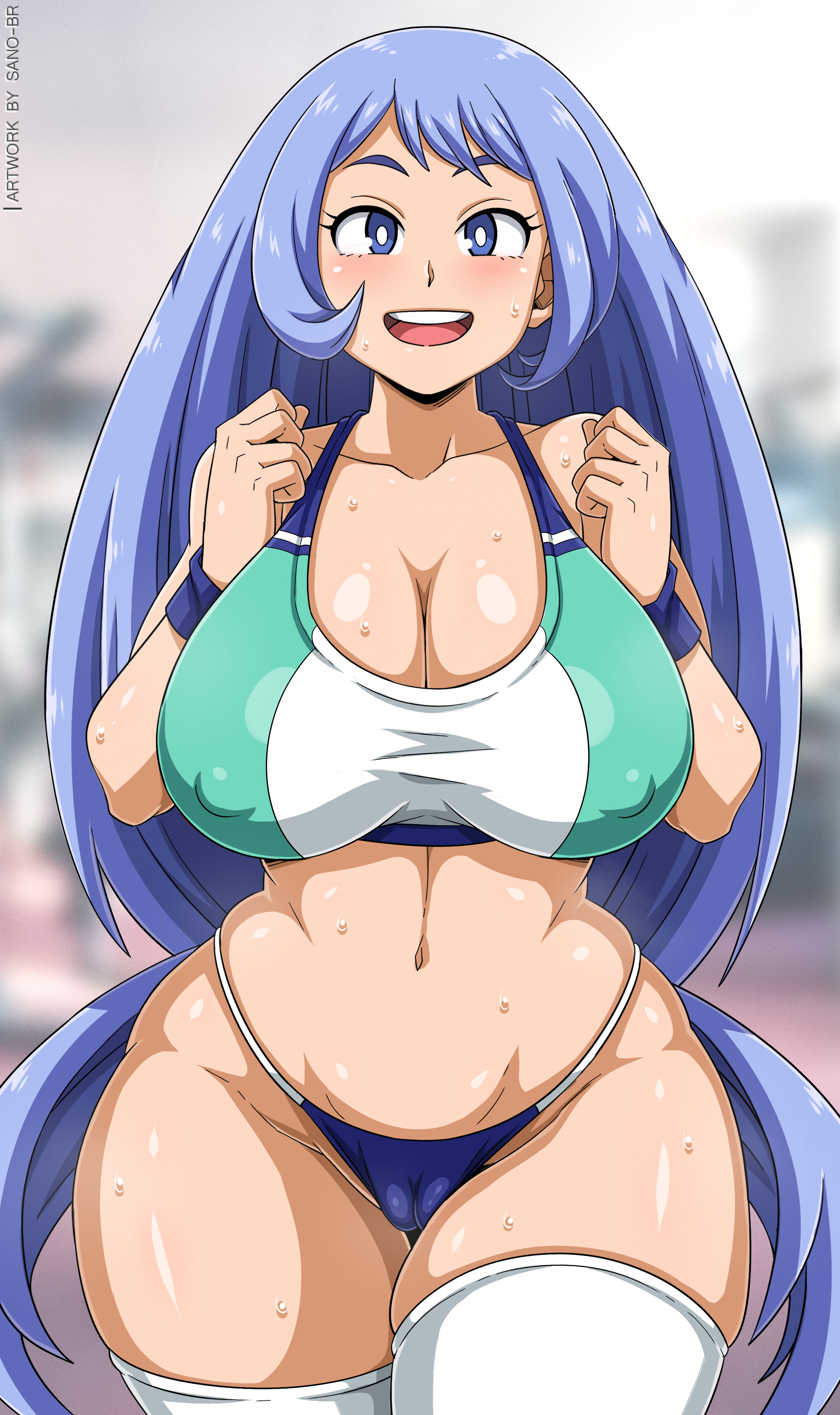 1girls, absurd res, big breasts, blue eyes, blue hair, blue-haired female, blush, breasts, cameltoe, eye contact, female, gym, gym clothes, happy, high resolution, huge breasts, legwear, light skin, long hair, looking at viewer, my hero academia, nejire hado, pussy, sano-br, shiny skin, solo, solo female, standing, superheroine, sweat, thick thighs, thighhighs, thighs, thong, wide hips