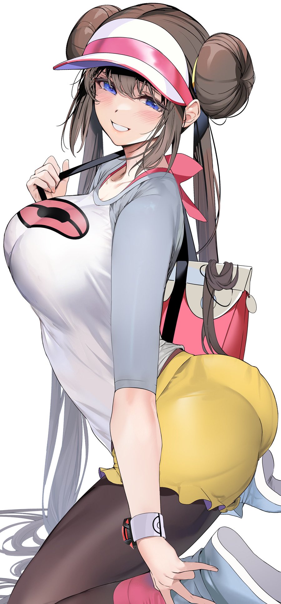 1girls 2022 ass blue_eyes breasts brown_hair bubble_butt clothed clothed_female female female_only game_freak hips huge_breasts large_ass large_breasts leggings long_brown_hair long_hair long_twintails looking_at_viewer marushin_(denwa0214) nintendo pokeball_logo pokemon pokemon_bw2 rosa_(pokemon) slim_waist smile suggestive_look thick_thighs thighs twin_buns twintails white_background wide_hips