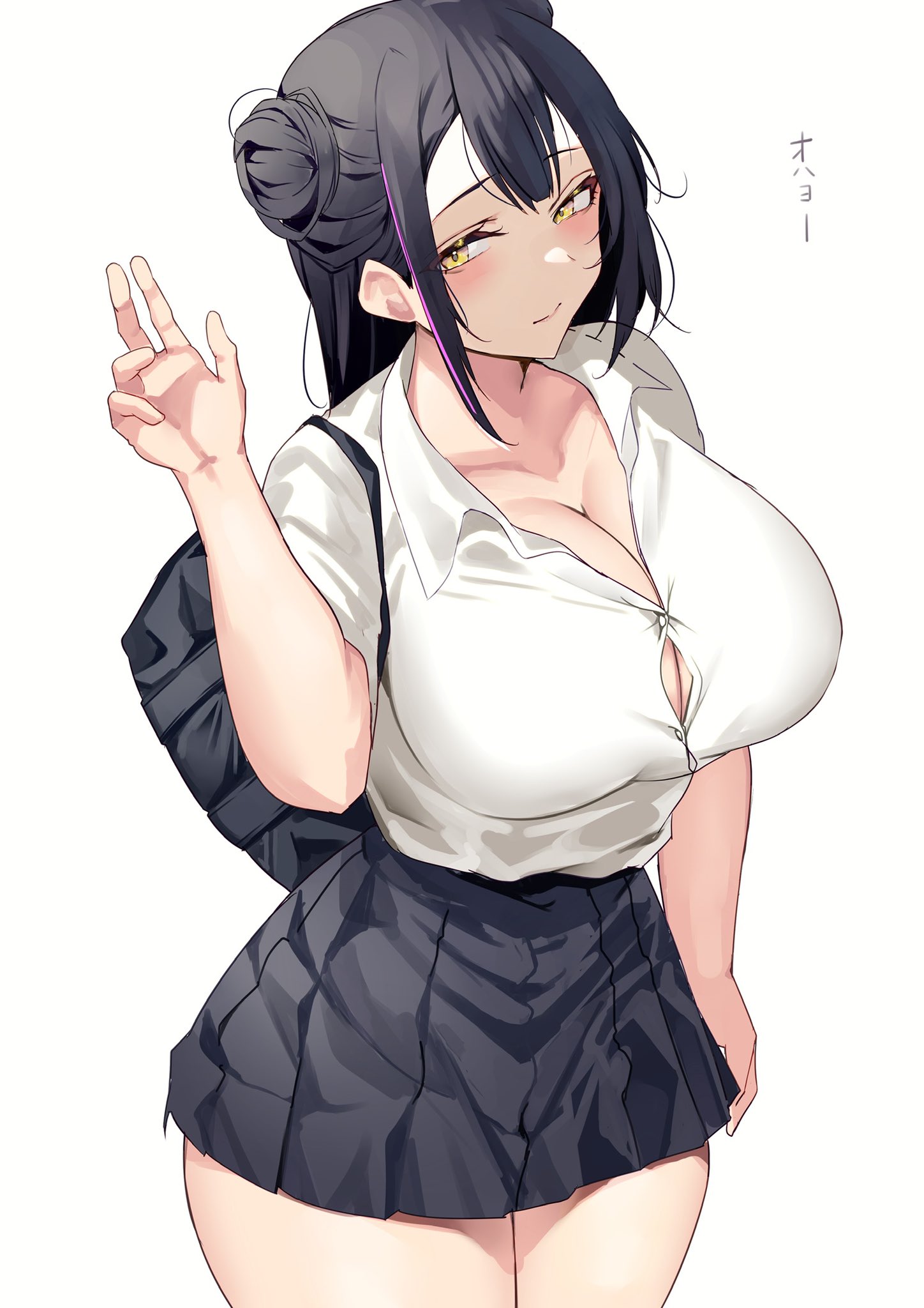 1girls, amber eyes, bag, big breasts, big hips, black hair, blush, breasts, busty, button gap, cleavage, female, female only, hair bun, hips, huge breasts, japanese text, looking at viewer, looking up, mostly clothed, original character, peace sign, school uniform, schoolgirl, sweatdrop, sweaty body, sweaty clothes, tagme, thick thighs, thighs, wet clothes, white background, yamasonson