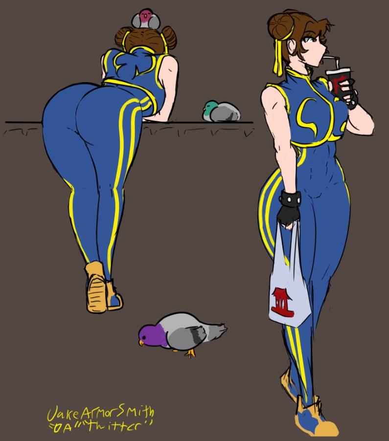 1girls ass bird bodysuit capcom chun-li clothed female pigeon simple_background street_fighter street_fighter_alpha street_fighter_v yoga_pants