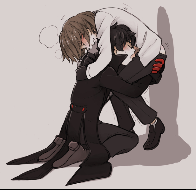 akira kurusu, black hair, blowjob, brown hair, clothed, goro akechi, male, male only, male/male, persona, persona 5, ren amamiya, yaoi