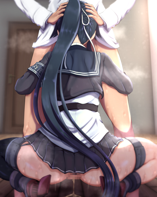 1boy after_sex armband black_hair black_jacket black_sailor_collar black_skirt black_thighhighs bottomless censored commission cropped_jacket cum cumdrip female from_behind fushibi garter_straps hair_ribbon head_grab implied_fellatio jacket kantai_collection long_hair long_sleeves male mosaic_censoring no_panties ponytail pussy ribbon rudder_footwear sailor_collar school_uniform serafuku shirt single_garter_strap single_thighhigh skeb_commission skirt squatting steaming_body straight sweat thigh_strap thighhighs very_long_hair white_ribbon white_shirt yahagi_(kantai_collection) yahagi_kai_ni_(kantai_collection)