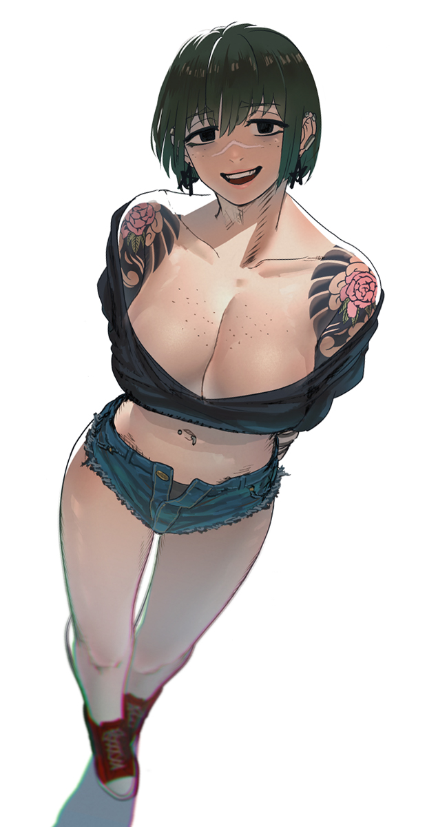 1girls arms_behind_back bags_under_eyes bare_shoulders belly belly_button belly_button_piercing belly_piercing big_breasts black_eyes bob_cut breasts busty dark_eyes earring earrings female female_only freckles freckles_on_chest green_hair hands_behind_back huge_breasts irezumi jean_shorts jeans kengo614 large_breasts legs mafia mafia_boss mouth_open oc open_mouth original_character piercing revealing_clothes ryona_(tomboy_sama) scar scar_on_face scarred scarred_face scars scars_on_face shoes short_hair short_jeans short_shorts shorts shoulders smile smiling standing tattoo tattooed_arm tattoos teeth thick thick_legs thick_thighs tired_eyes tomboy tomboy_sama tummy unzipped unzipped_pants unzipped_shorts white_background yakuza yakuza_boss yakuza_girl