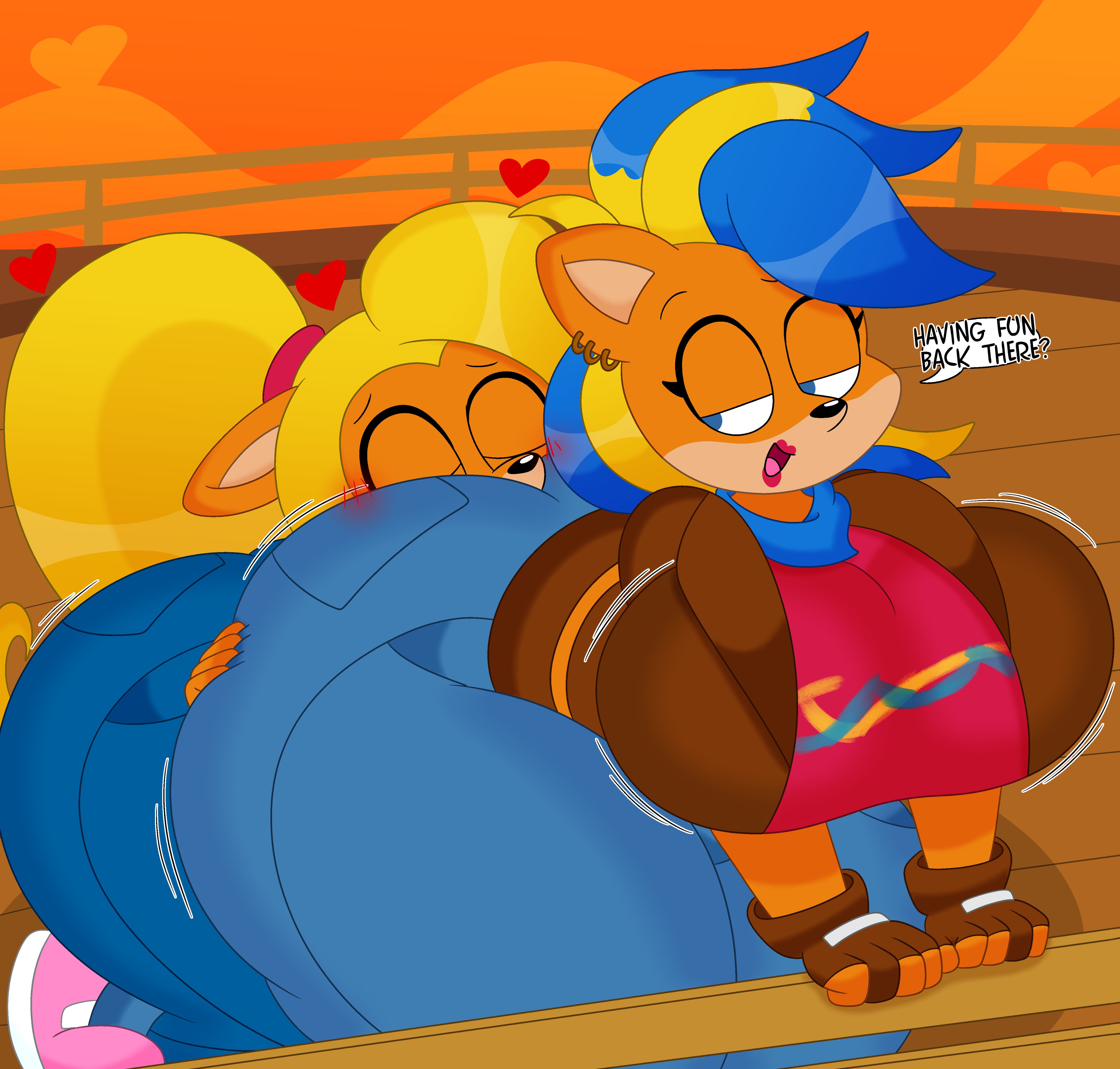 2girls, 3barts, anthro, ass, bandicoot, big ass, big breasts, breasts, bubble ass, bubble butt, clothing, coco bandicoot, crash (series), face in ass, female, female only, huge ass, huge breasts, pirate tawna, tawna bandicoot, tawna bandicoot (crash 4), yuri