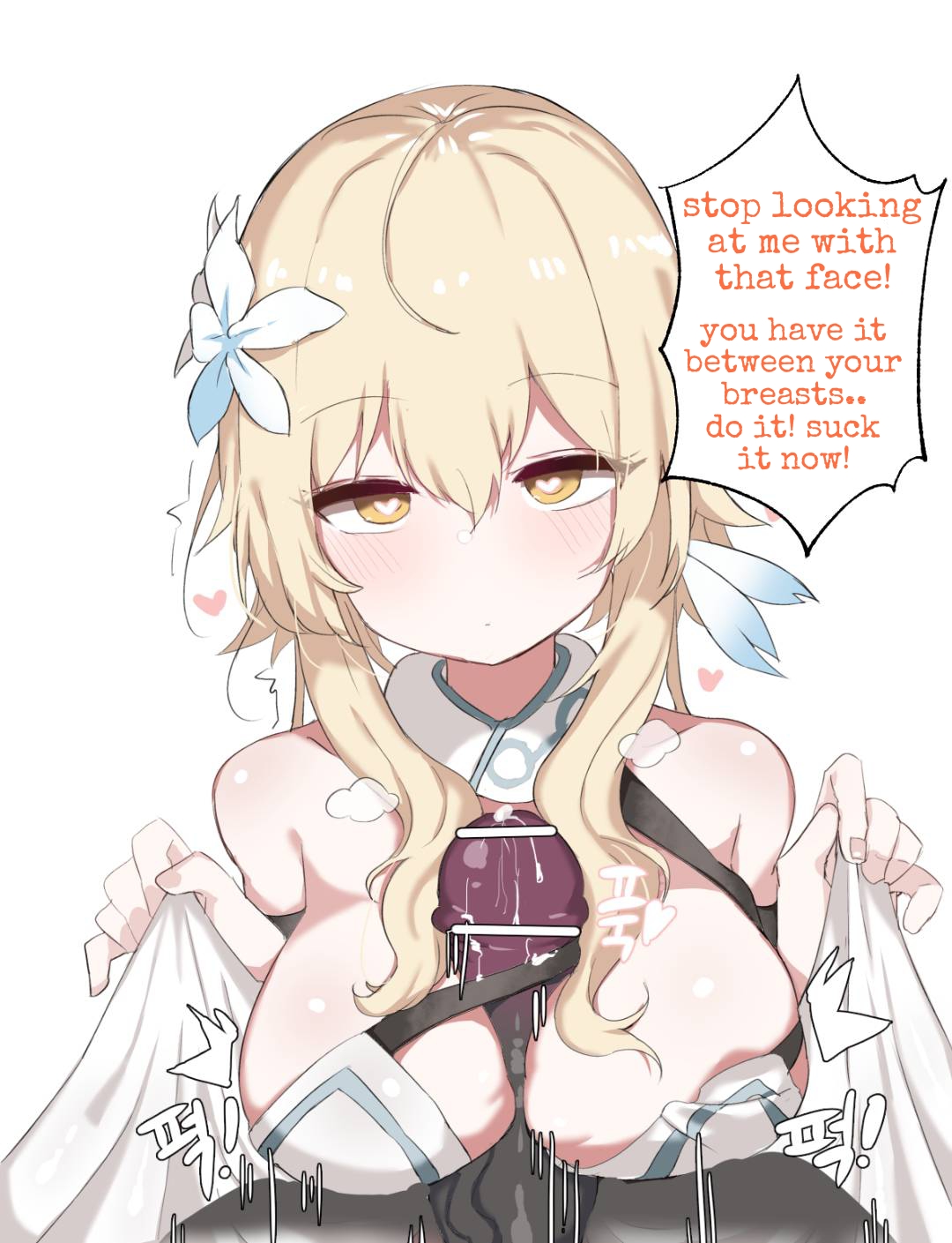 1boy, 1girls, blonde female, blonde hair, blue eyes, breast grab, breasts, censored, cum, cum on breasts, dick, doldol, emotionless, expressionless, female, genshin impact, hilichurls (species), hypnosis, interspecies, light skin, light-skinned female, lumine (genshin impact), male, medium breasts, mind break, mind control, monster, monster pov, nakadashi, paizuri, paizuri under clothes, penis, pitch-black skin, pov, seductive eyes, seductive look, solo, titjob