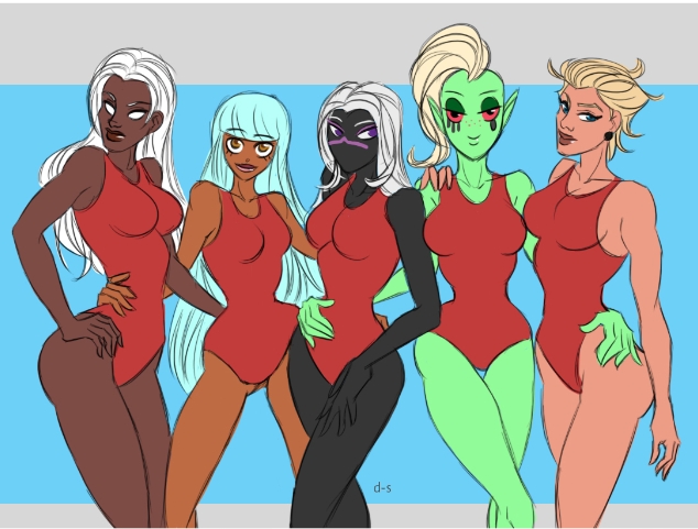 5girls alien alien_girl alternate_version_available aquaman_(series) aquawoman ariel_curry big_ass black_skin blonde_hair breasts crossover dariu-s dark-skinned_female dark_skin dc dc_comics duck_dodgers earth_11 fat_ass fat_cheeks female female_only fully_clothed green_skin hips hips_grab light_blue_hair lolirock looney_tunes lord_dominator marvel marvel_comics mutant ororo_munroe queen queen_tyr'ahnee red_eyes red_swimsuit short_hair storm_(x-men) swimsuit talia_(lolirock) wander_over_yonder warner_brothers white_hair wide_hips x-men