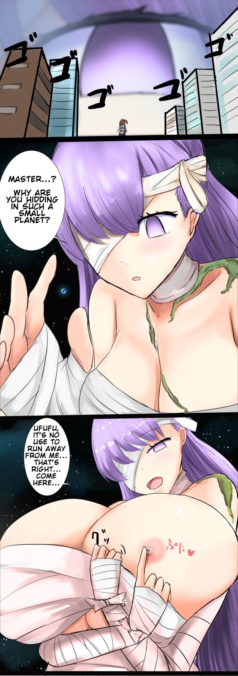 bandage bandaged_arm bandaged_chest chest_wraps comic earth exrumya fate_(series) giantess gigantic_breasts kingprotea macro moss nipples one_eye_covered purple_eyes purple_hair servant space tagme teasing_nipple