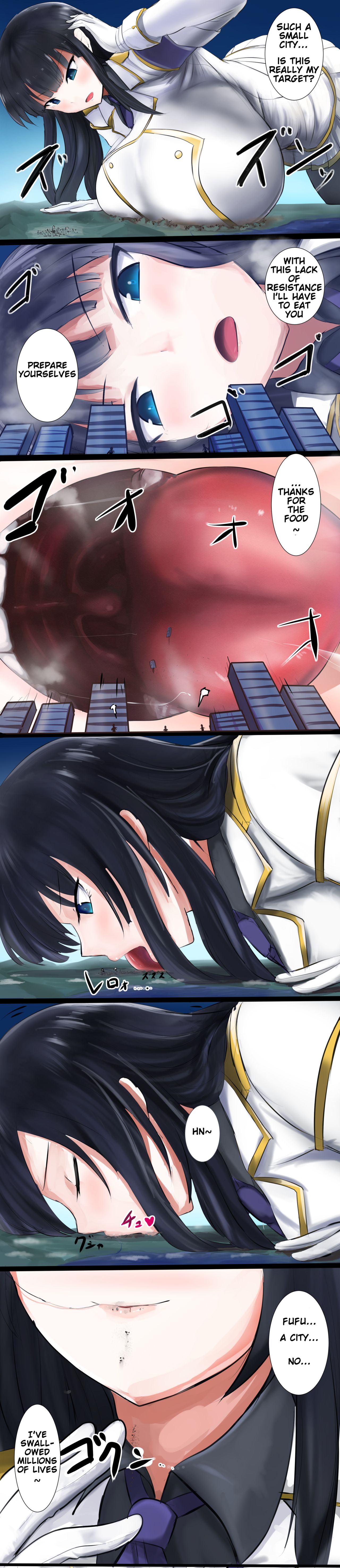 black_hair blue_eyes clothed_female destruction exrumya giantess hair_in_mouth huge_breasts ikaruga_(senran_kagura) kiss licking lips looking_down macro on_hands_and_knees senran_kagura smiling swallowing tagme vore