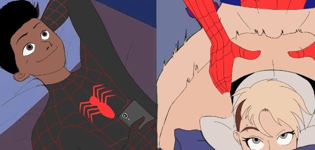 blonde hair, dark skin, dark-skinned male, doggy style, eyebrow piercing, female, from behind, gwen stacy, hair on head, light skin, light-skinned female, male, marvel, marvel comics, miles morales, ntr, peter parker, phone, smile, spider-man, superhero, superhero costume
