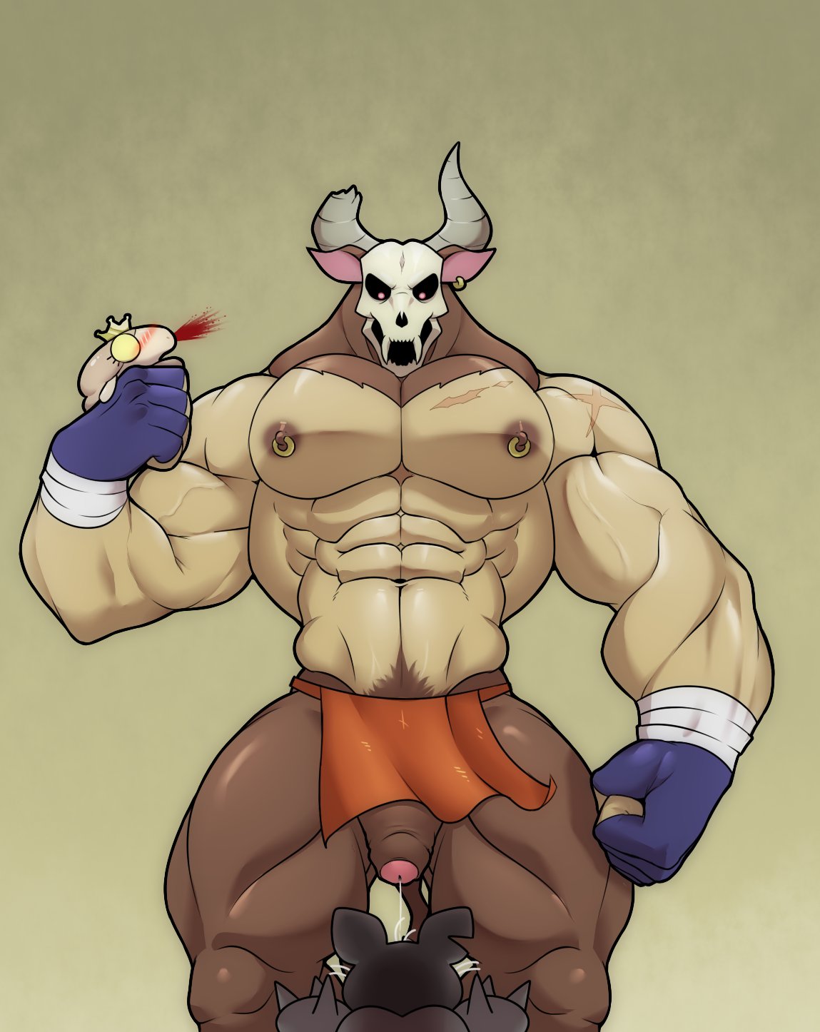 abs alphamoonlight animal_ears areola areolae balls bara belly_button big_pecs cock cow_ears cow_tail dick dripping dripping_precum ear_piercing ears furry gay horns loincloth male male_focus male_only minotaur minotaur_(the_legend_of_pipi) muscles muscular muscular_male navel nipple_piercing nipple_rings nipples penis piercing pipi_(the_legend_of_pipi) precum precum_drip precum_dripping scar scars sheep_princess_(the_legend_of_pipi) skull_head tail the_legend_of_pipi