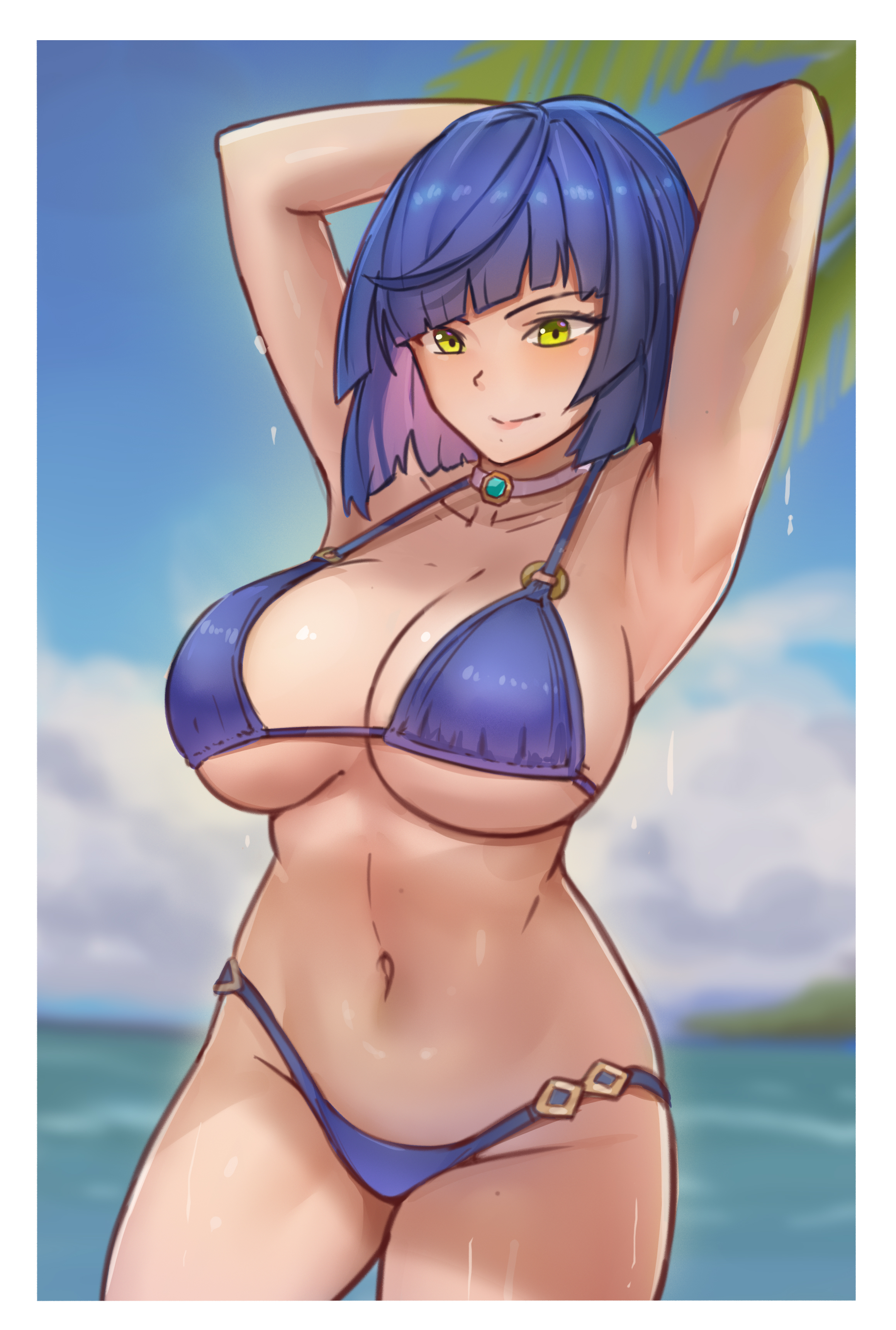 armpits, big breasts, bikini, breasts, chance8000, female, genshin impact, short hair, thick thighs, yelan (genshin impact)