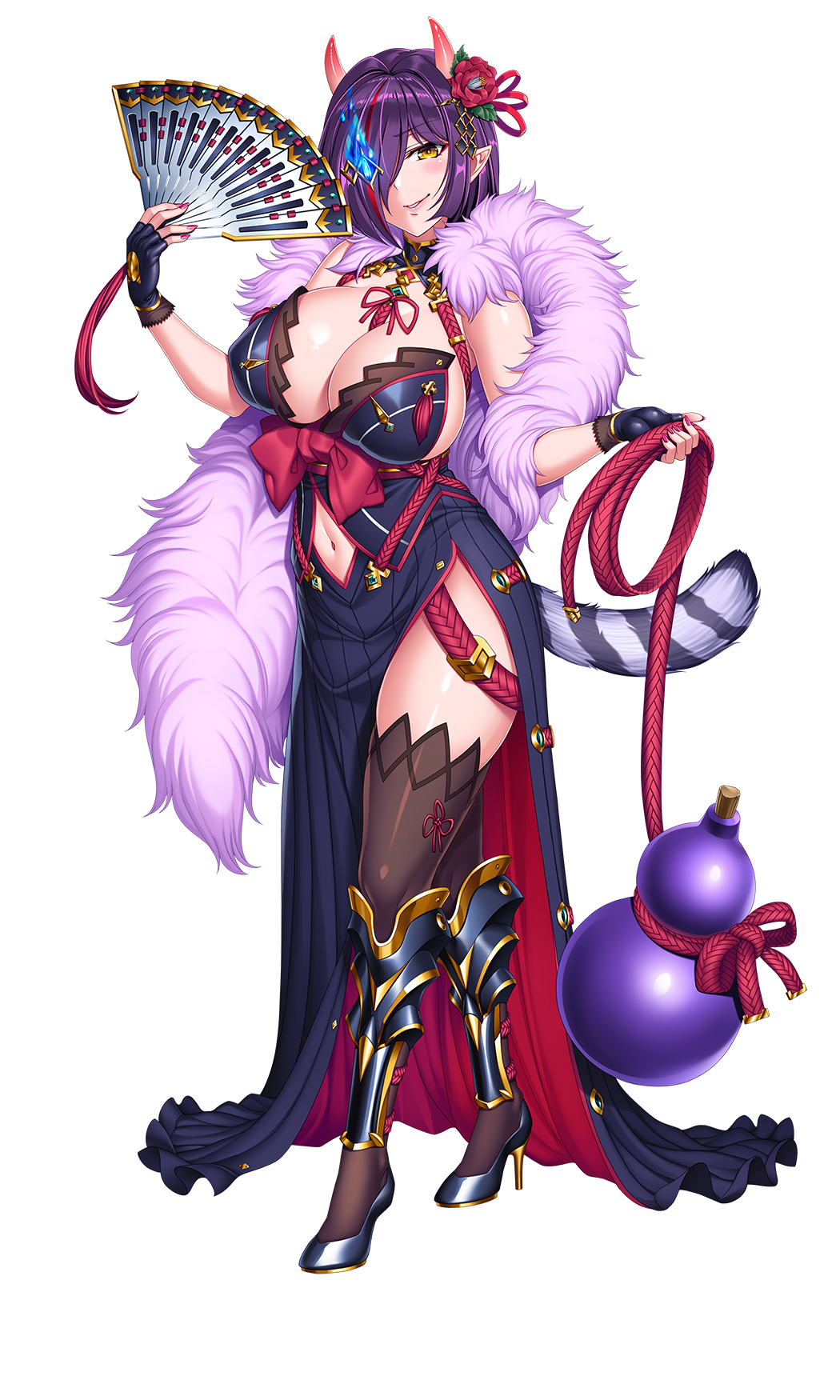 accessory asian_mythology big_breasts black_clothing black_dress black_high_heels black_legwear black_thigh_highs blue_fire blush breasts clothed clothing coat colored_fire demon digital_media_(artwork) dress east_asian_mythology female fire flower flower_in_hair fuyutsuki_kururi gourd_bottle hair hair_accessory hair_over_eye hi_res horn horned_humanoid huge_breasts humanoid humanoid_pointy_ears japanese_mythology legwear light_body light_skin mammal markings mythology navel not_furry one_eye_obstructed oni pink_clothing pink_coat pink_topwear plant purple_hair saijosatoru short_hair solo striped_markings striped_tail stripes tail_markings taimanin_(series) thigh_highs topwear yellow_eyes youkai