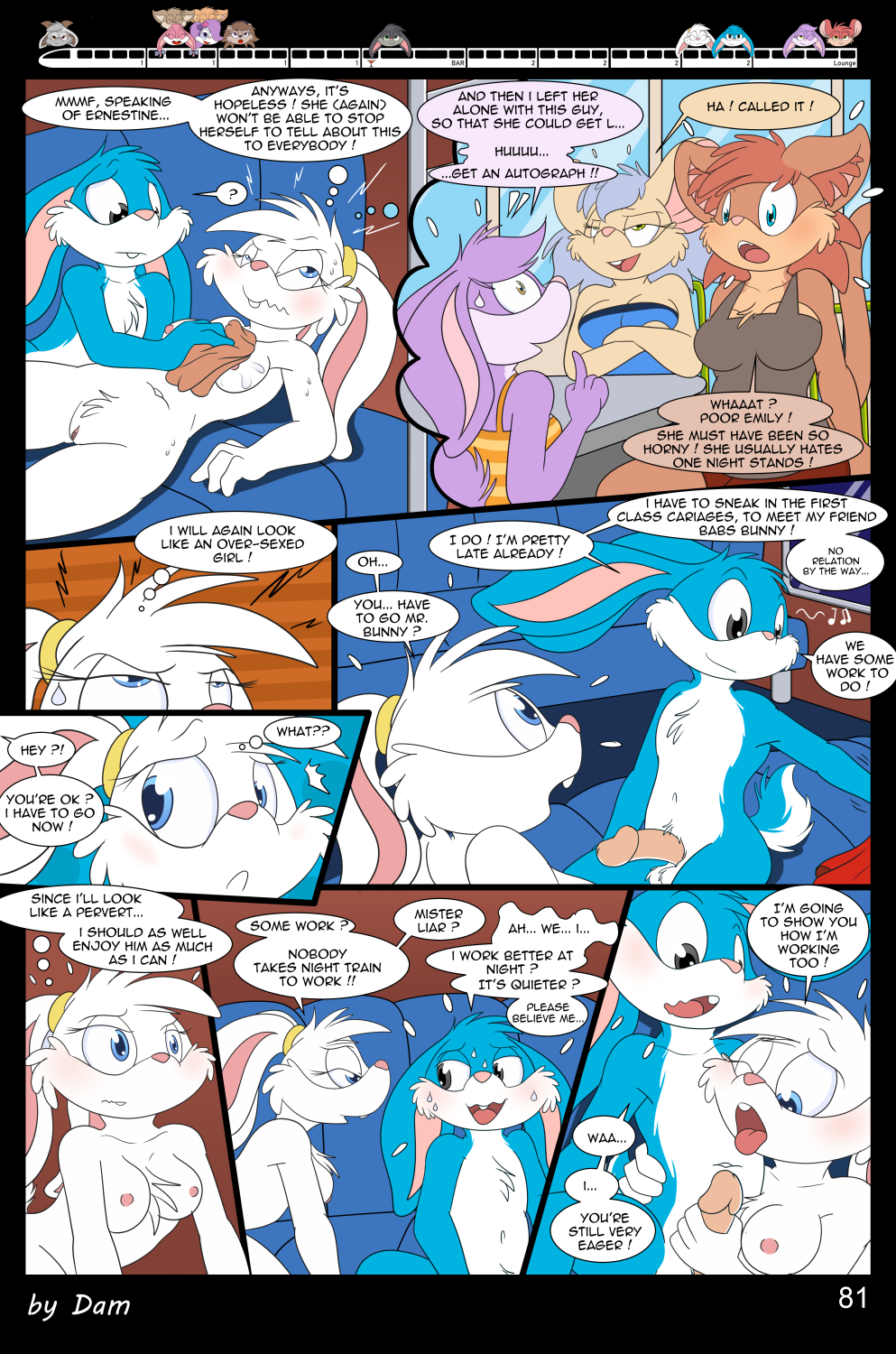 3_toes 4_fingers anthro babs_bunny breasts buster_bunny clothed clothing comic dam_(artist) dialogue english_text feet female fifi_la_fume fingers group hi_res lagomorph leporid male mammal mephitid page_81 plantigrade rabbit skunk speech_bubble straight_hair text tiny_toon_adventures toes toons toony train vehicle warner_brothers