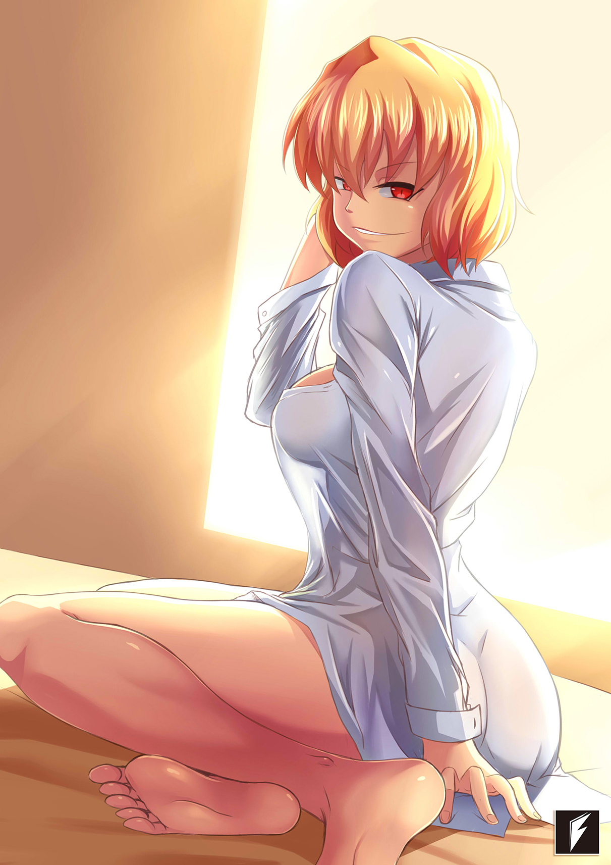 1girls, blonde, blonde female, blonde hair, clementine (overlord), feet, female, female focus, female only, light skin, light-skinned female, looking at viewer, overlord (maruyama), red eyes, short hair, sitting, sitting on bed, solo, sunlight, teng zhai zi, white shirt