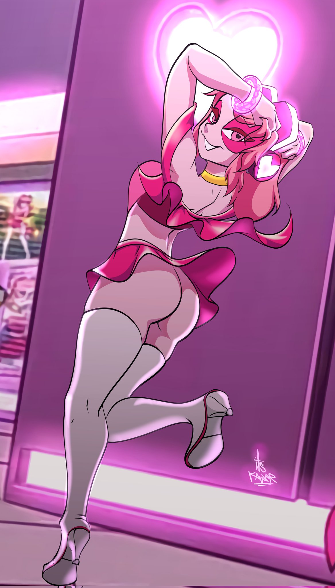 1girls, ass, bracelet, breasts, cape, choker, eye contact, female, headphones, heart-shaped pupils, high heel boots, kaw3r, legwear, looking at viewer, medium hair, miniskirt, miss heed (villainous), pink eyes, pink hair, skirt, solo, solo female, standing, thigh boots, thighhighs, thighs, villainous, visor