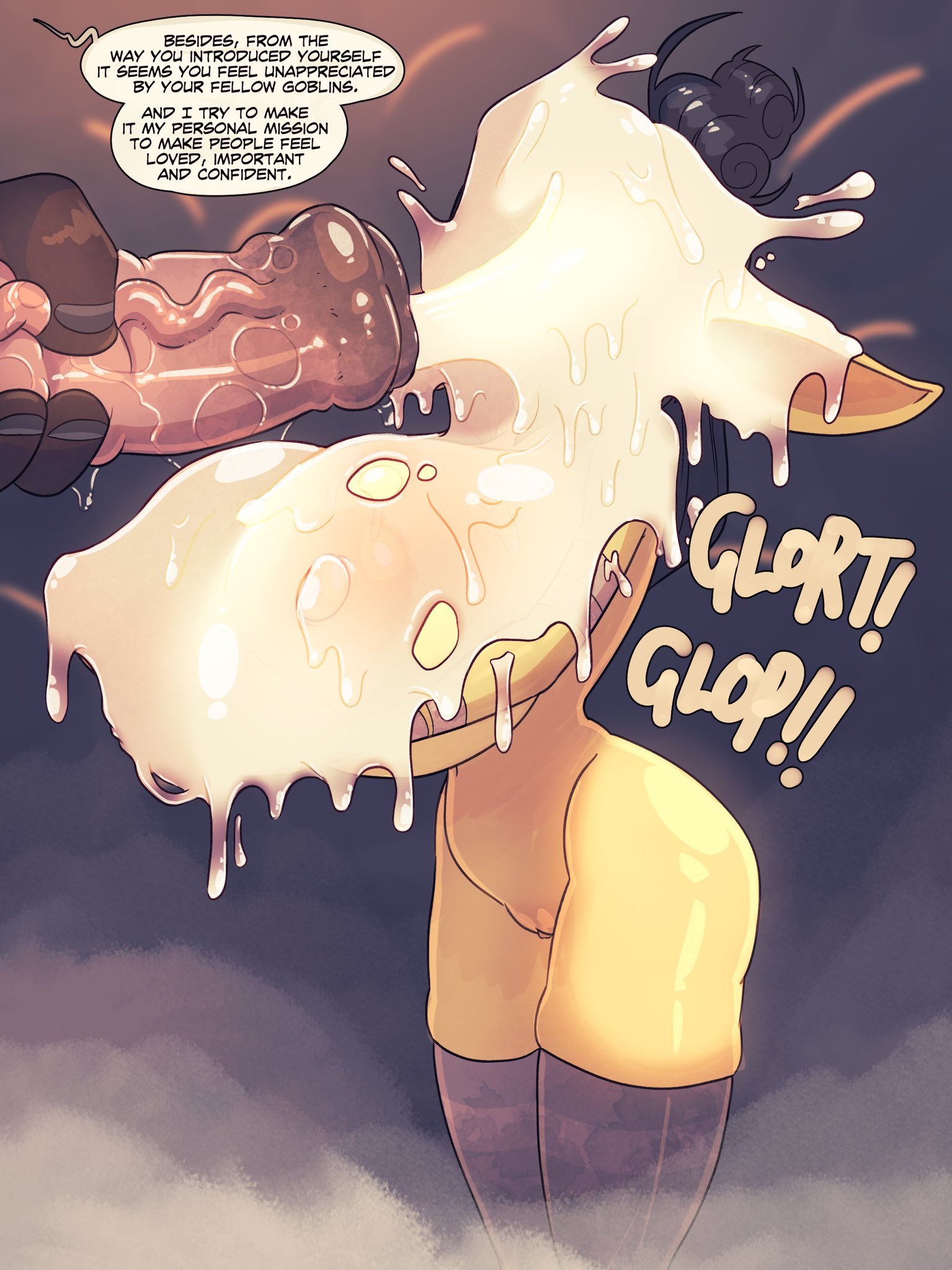animal genitalia, animal penis, big breasts, big penis, black hair, breasts, comic, continuous ejaculation, covered in cum, creamy cum, cum, cum on body, cum on face, cumshot, dialogue, dialogue bubble, english, english dialogue, english text, equine penis, female, gigantic breasts, goblin, goblin female, green skin, hair bun, horsecock, huge cock, huge dick, jack cayless, long cumshot, male, minotaur, monster cock, onomatopoeia, penis, pointy ears, reassuring, text, text bubble, thick thighs, thighhighs, top heavy, wholesome, yizzy (jack cayless)