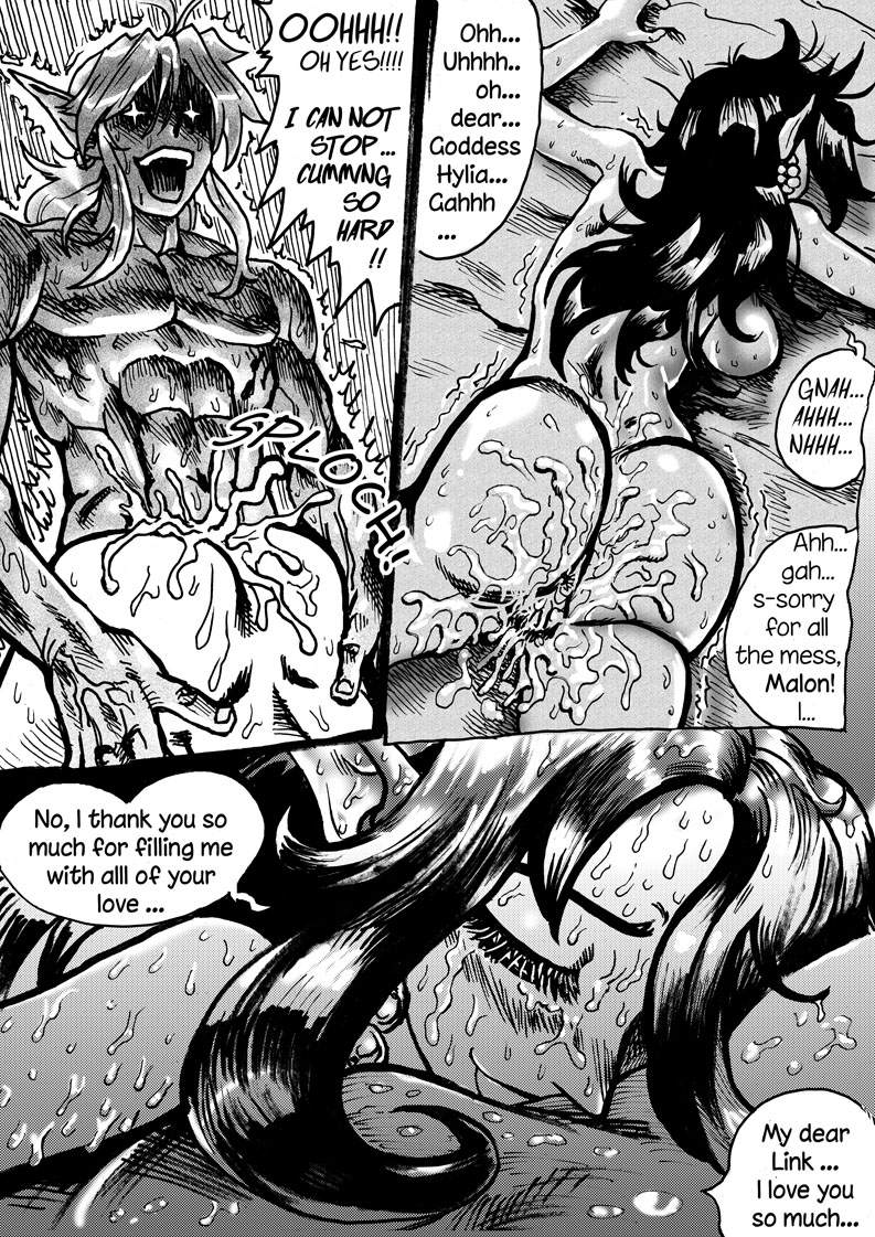 after_sex ass comic comic_page couple cum cum_in_pussy cum_inside english english_text greyscale human hylian link link_(ocarina_of_time) long_ears malon muscular_male ocarina_of_time pointy_ears saikyo3b sweat the_legend_of_zelda