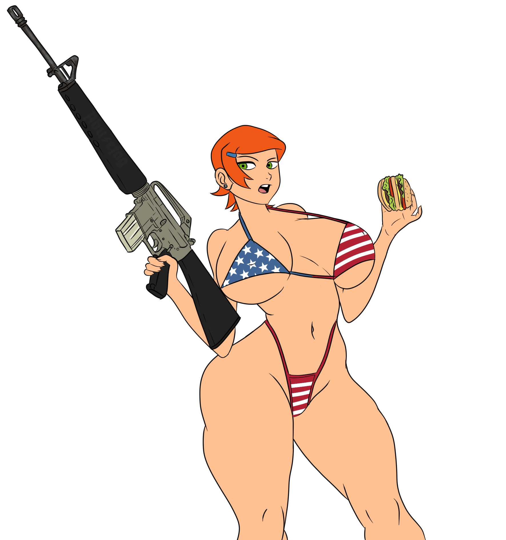 1girls, abs, almost naked, american flag bikini, artist request, assault rifle, barefoot, barely clothed, belly button, ben 10, ben 10 (classic), big breasts, bikini, bimbo, breasts, breasts bigger than head, burger, busty, cartoon network, cleavage, curvaceous, feet out of frame, female, female only, g-string, g-string only, green eyes, gun, gwen tennyson, gwen tennyson (classic), half naked, hourglass figure, huge breasts, large breasts, looking at viewer, looking to the side, micro bikini, muscular, muscular female, orange hair, skimpy, skimpy bikini, skimpy clothes, solo, string bikini, thick, thick thighs, thong, thong bikini, thunder thighs, voluptuous, white background, wide hips