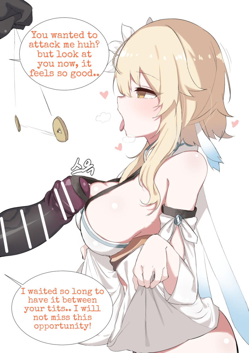 1boy, 1girls, blonde female, blonde hair, blue eyes, breasts, clothed, dick, doldol, female, genshin impact, grabbing breasts, hilichurls (species), hypnosis, lumine (genshin impact), male, mind control, paizuri, paizuri over clothes, penis, seductive, seductive look, sex, titjob, tongue, tongue out