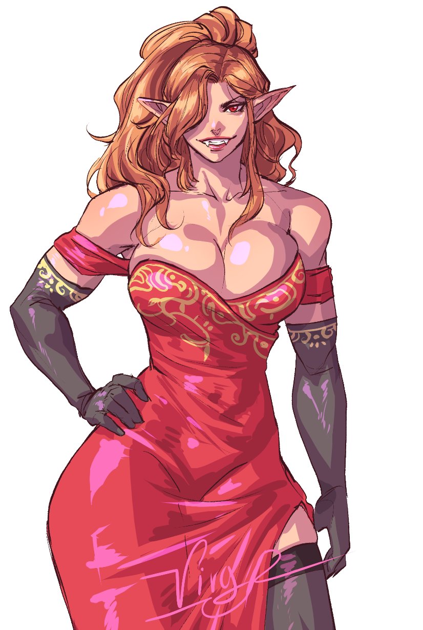 1girls, arm gloves, big breasts, breasts, brown hair, cleavage, dress, fangs, female, female only, hair over one eye, hand on hip, light skin, light-skinned female, long hair, looking at viewer, muscular, muscular female, narrowed eyes, pink lips, pointy ears, ponytail, red eyes, smiling at viewer, solo, solo female, stockings, thick thighs, vampire, virgoart1509, white background, wide hips