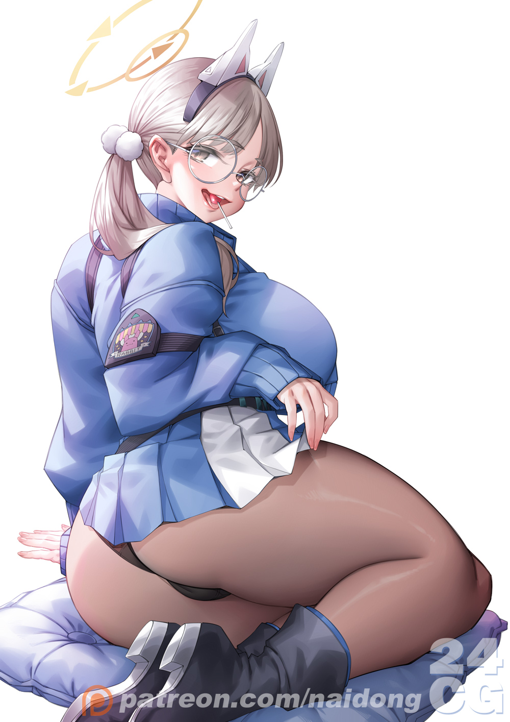 1girls big_butt blue_archive chubby fake_animal_ears female female_only glasses huge_breasts huge_butt leggings lollipop looking_at_viewer moe_(blue_archive) naidong rabbit_squad_(blue_archive) see-through see-through_clothing shoes skirt skirt_lift slightly_chubby srt_special_academy_student sweater thick_thighs thong upskirt