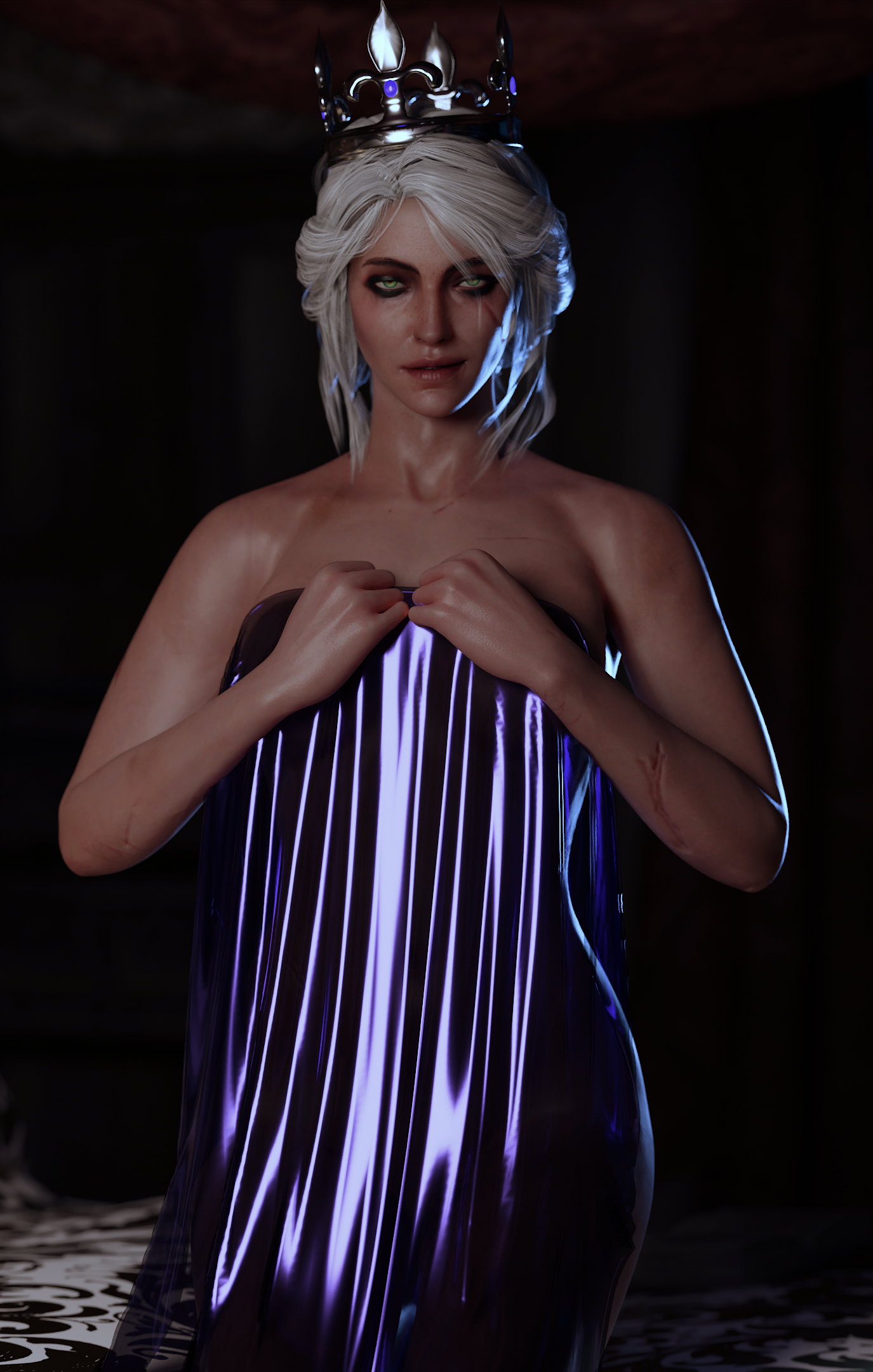 1girls, 3d, breasts, cd projekt red, ciri, crown, empress ciri, female, female only, light skin, light-skinned female, nude, royalty, scrappy-coco, the witcher (series), the witcher 3: wild hunt, towel, undressing, white hair