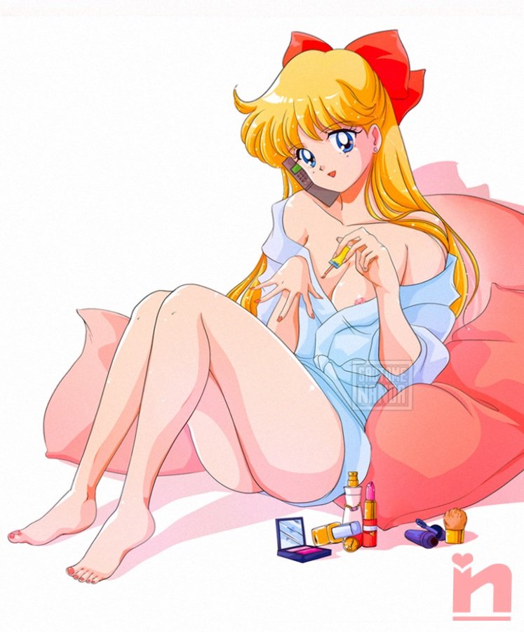 1girls bathrobe bishoujo_senshi_sailor_moon blonde_hair bow candid casual_exposure cellphone clothing female female_only hairbow long_hair makeup minako_aino nail_polish nipple_slip nipples painting_nails reclining saotome_nanda small_breasts solo solo_female solo_focus thighs