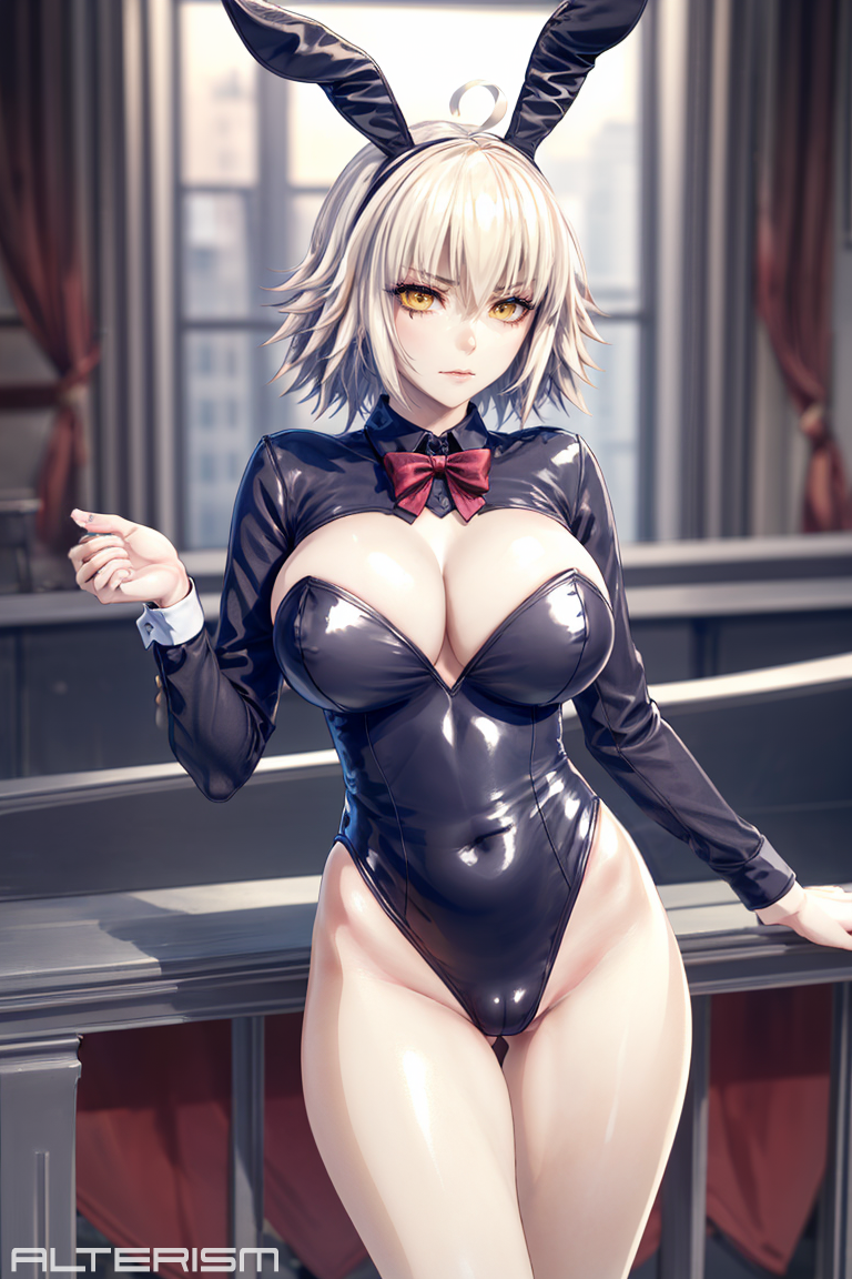 1girls ai_generated alterism bunny_ears bunny_girl bunnysuit cleavage fake_animal_ears fate/grand_order fate_(series) groin jeanne_alter jeanne_d'arc_(fate)_(all) large_breasts looking_at_viewer pale_skin shiny_skin short_hair stable_diffusion standing thick_thighs white_hair yellow_eyes