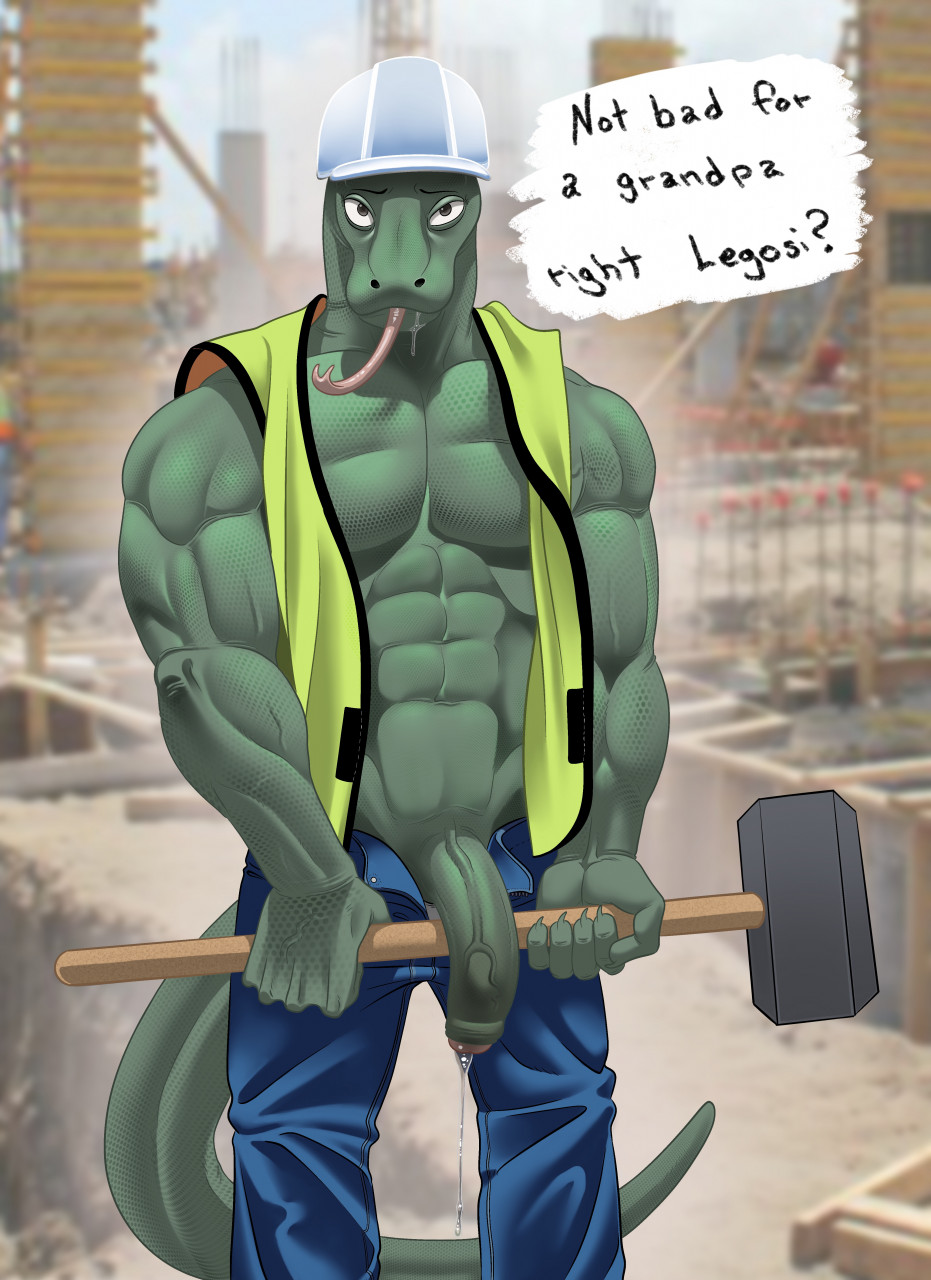 abs anthro armor beastars bodily_fluids clothed clothing genital_fluids gosha_(beastars) hammer headgear helmet hi_res komodo_dragon leaking_precum lizard male male_only monitor_lizard muscular muscular_anthro muscular_male partially_clothed pecs precum reptile scales scalie solo tools tush vein