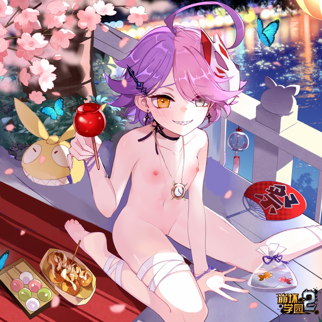 ahoge androgynous bandages barefoot benghuai_xueyuan blue_butterfly breasts bug butterfly choker clock female grey_eyes heterochromia homu_(honkai_impact) honkai_(series) jewelry looking_at_viewer multicolored_hair necklace nipples nude pink_hair pink_purple_hair purple_hair sharp_teeth short_hair sin_mal sin_mal0909 sitting small_breasts smile solo split-color_hair teeth wariza yellow_eyes