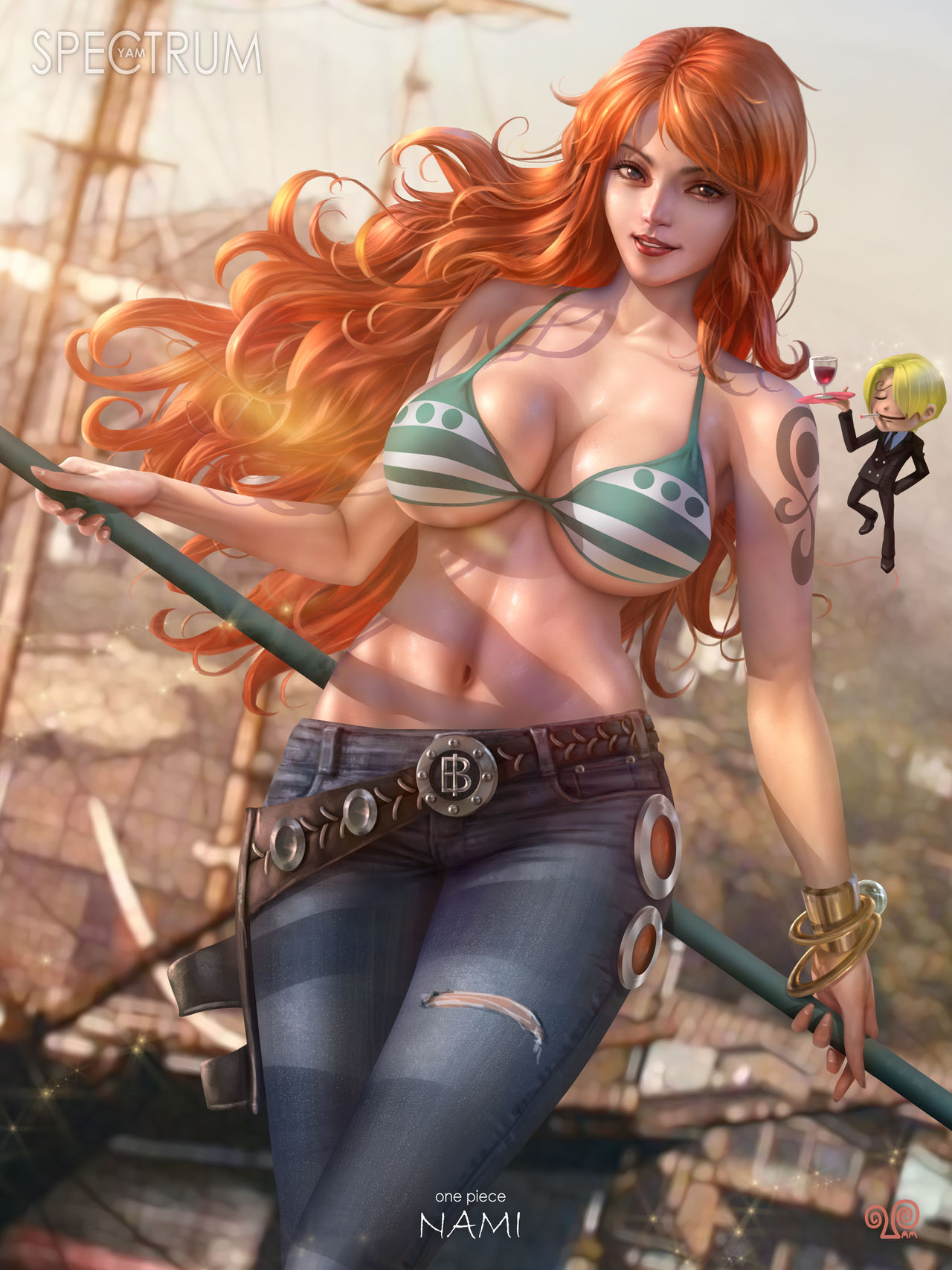 1girls big_breasts bikini breasts female female_focus hairless_pussy hourglass_figure huge_breasts jeans large_breasts legs lipstick long_hair male nami nami_(one_piece) one_piece orange_hair post-timeskip shounen_jump solo striped_bikini vinsmoke_sanji yam_spectrum