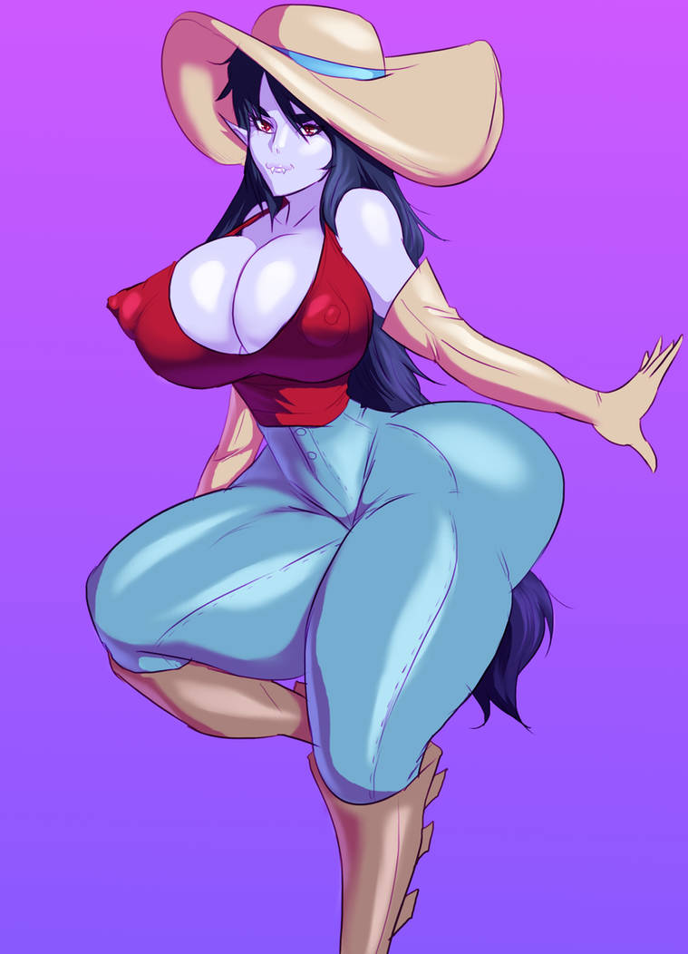 adventure time, big breasts, black hair, breasts, cartoon network, cleavage, clothing, elbow gloves, erect nipples, fangs, female, floating, fully clothed, grey skin, headwear, huge breasts, jay-marvel, jeans, long hair, marceline, nipples, nipples visible through clothing, pointy ears, red eyes, skin tight, sun hat, sunhat, tank top, thick thighs, vampire, warner brothers, wide hips