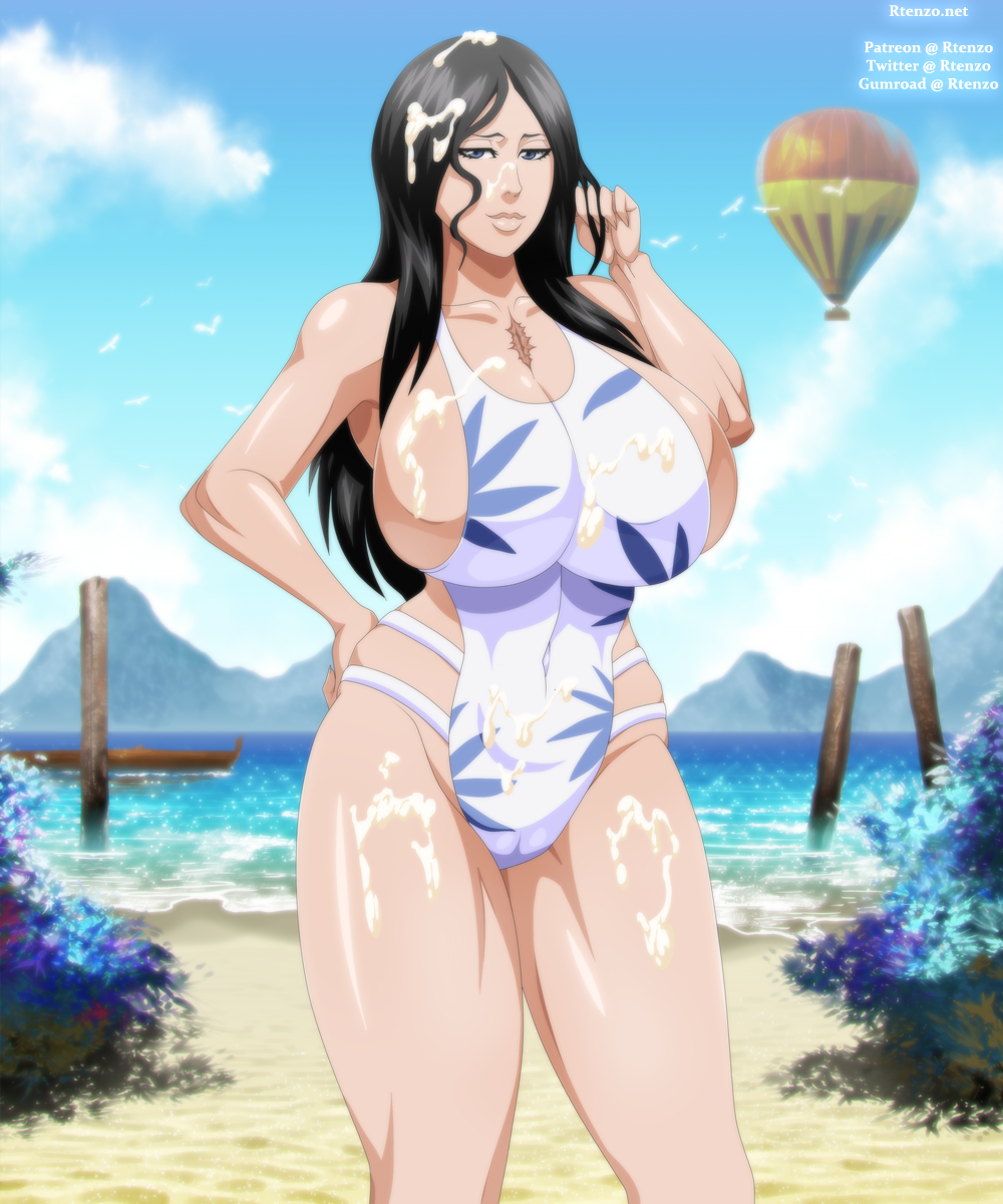 beach big_breasts black_hair bleach bleach:_the_thousand-year_blood_war blue_eyes boat clouds cum cum_covered cum_on_body cum_on_breasts cum_on_face cum_on_hair cum_on_legs ero-enzo floral_print hair_down hand_on_hip hourglass_figure loose_hair mature mature_female mature_woman milf mountain ocean one-piece_swimsuit playing_with_hair revealing_swimsuit rtenzo sand sea sky source_request swimsuit thick_thighs unohana_retsu unohana_yachiru voluptuous