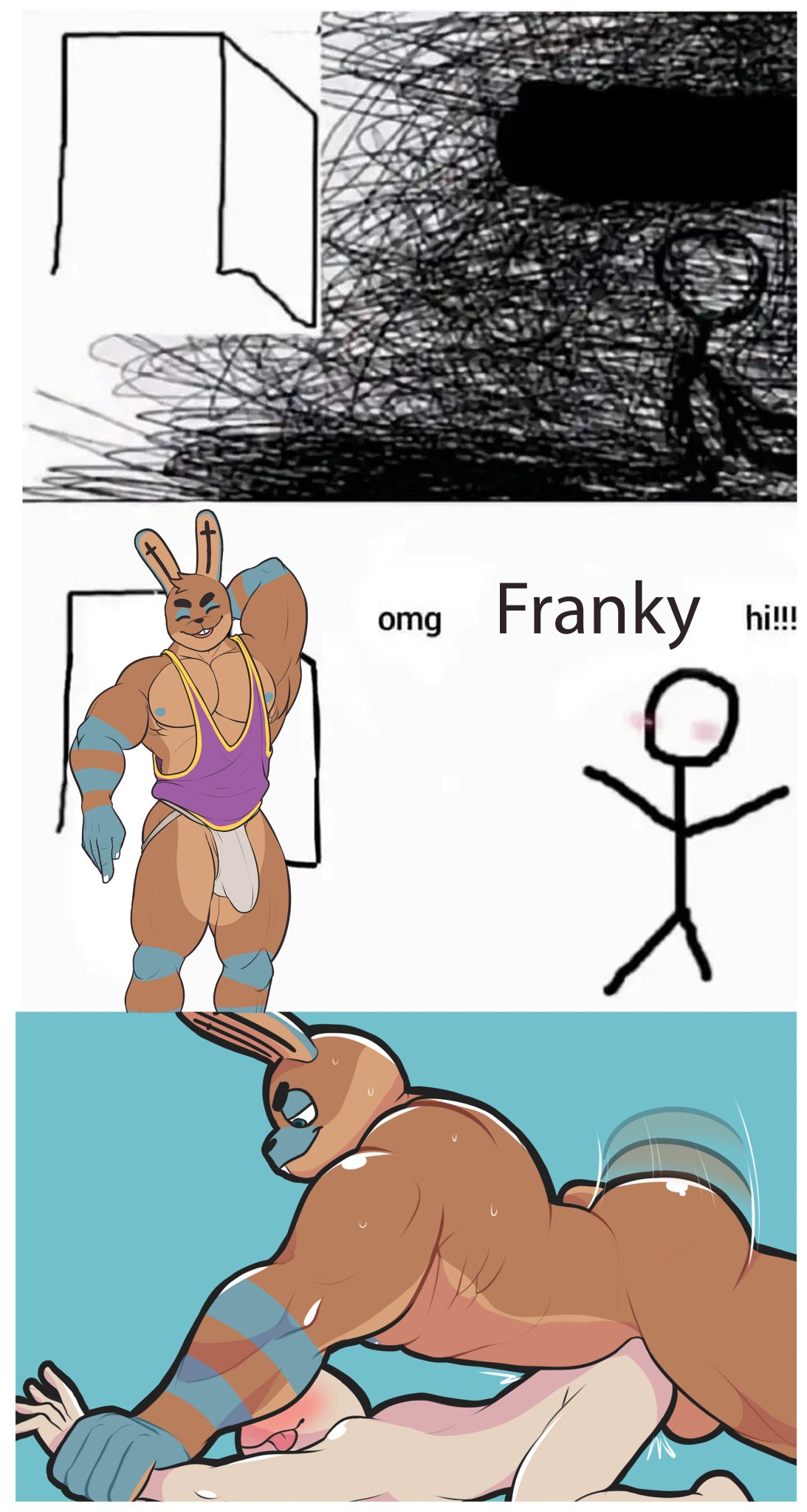 abs anal anal_sex anthro anthro_penetrating anthro_penetrating_human ass balls big_muscles blue_markings blush bodily_fluids brown_body brown_fur bulge clothing doggy_style duo franky_(palchamon) from_behind_position fur genitals hi_res holding_arm holding_partner human human_on_anthro human_penetrated interspecies lagomorph larger_anthro larger_male leporid looking_pleasured male male/male male_penetrated male_penetrating male_penetrating_male mammal markings meme motion_blur muscular muscular_anthro muscular_male nipples nude omg_hi! palchamon pecs penetration penile penile_penetration penis_in_ass rabbit sex shirt size_difference smaller_human smaller_male smaller_penetrated sweat tank_top teeth tongue tongue_out topwear underwear