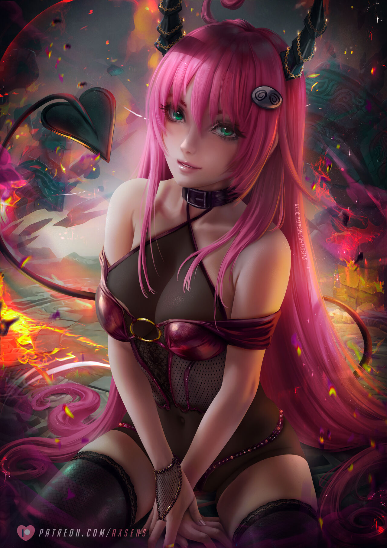 1girls, axsens, blonde hair, breasts, clothing, female, lala satalin deviluke, large breasts, navel, nipples, red eyes, solo, stockings, to love-ru