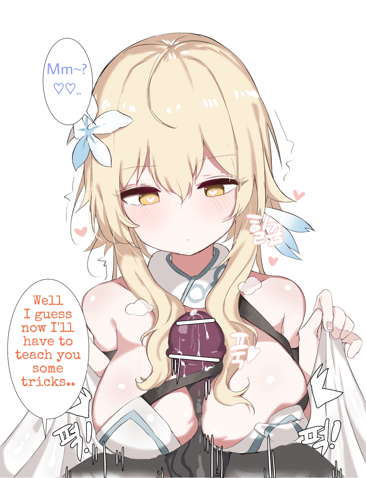 1boy, 1girls, blonde female, blonde hair, blue eyes, breasts, censored, cum on body, cum on breasts, dick, doldol, female, genshin impact, hilichurls (species), hypnosis, lumine (genshin impact), male, mind control, paizuri, paizuri over clothes, penis, pov, seductive, seductive look, sex, sole female, sole male, titjob