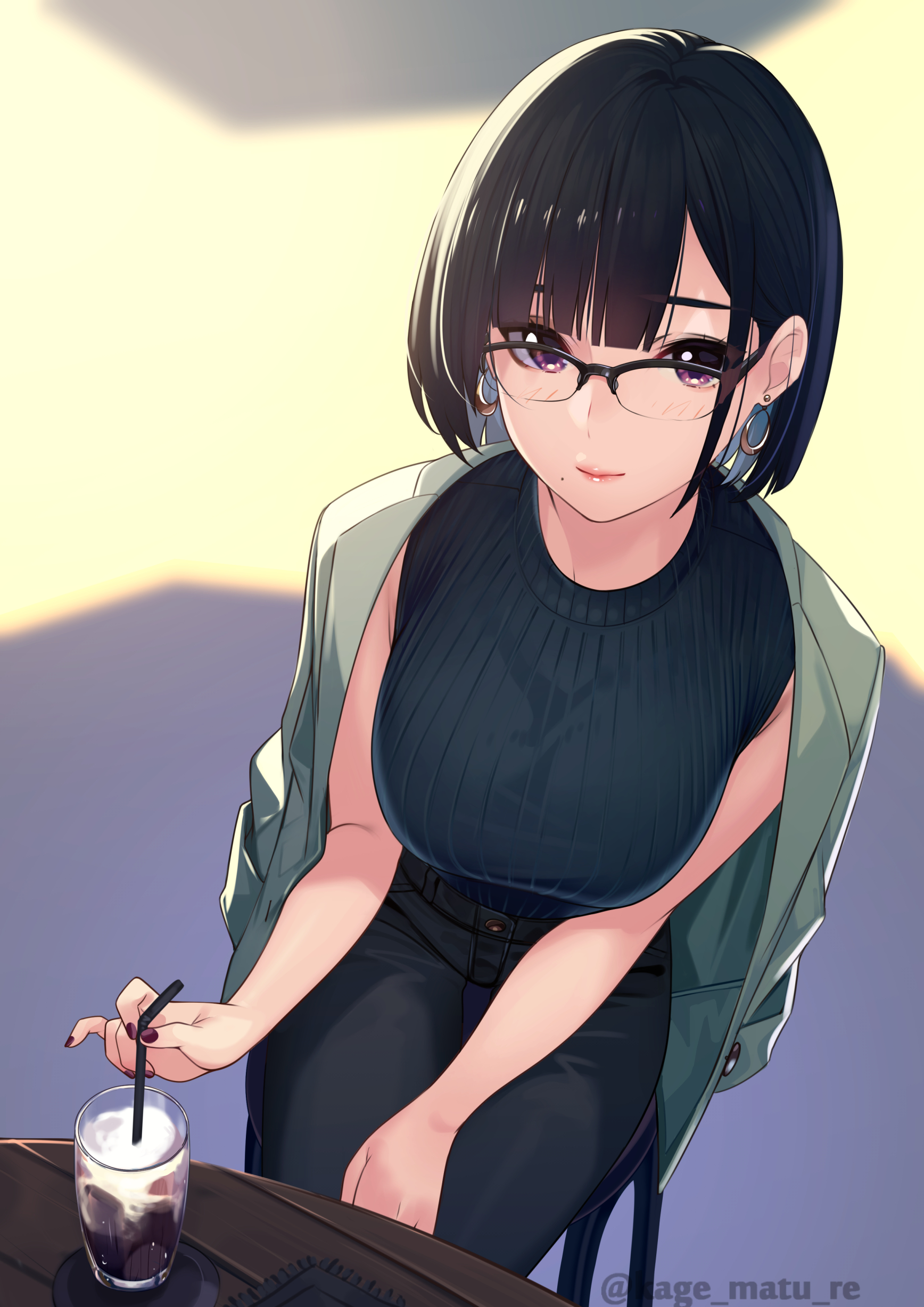 1girls, bangs, black-framed eyewear, bob cut, breasts, drinking straw, earrings, female, female focus, from above, full body, glasses, highres, jacket, jacket on shoulders, jeans, kagematsuri, looking at viewer, mole under mouth, nail polish, original, original character, purple eyes, semi-rimless eyewear, short hair, simple background, sitting, sleeveless, sweater, thigh gap