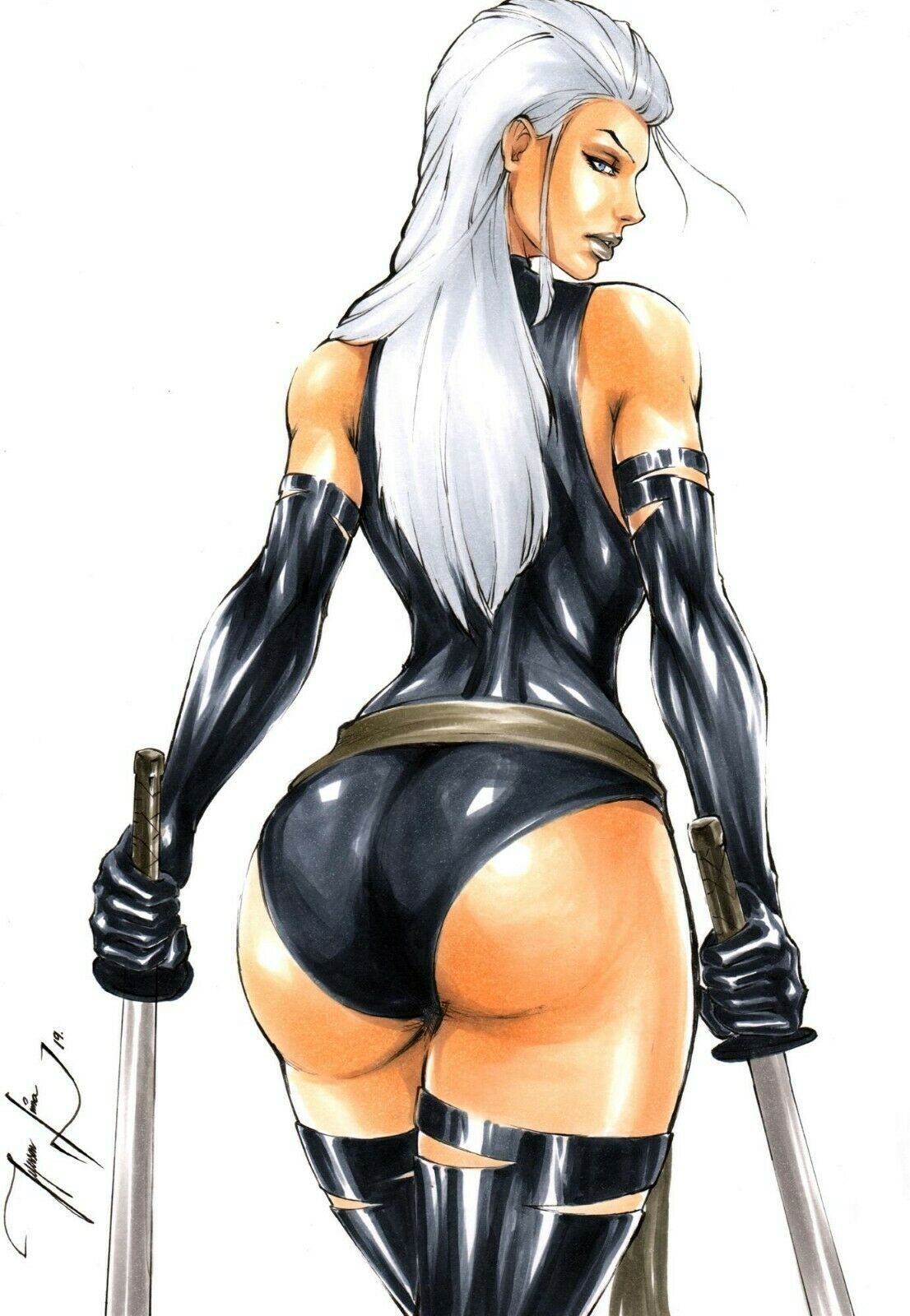 1girls asian_female ass betsy_braddock big_ass curvaceous curvy_body curvy_female curvy_figure ed_benes_studio elizabeth_braddock female female_only jeferson_lima katana kwannon latex_gloves latex_leotard latex_thighhigh_boots long_hair looking_back marvel marvel_comics mutant psylocke signature solo solo_female straight_hair voluptuous voluptuous_female white_hair x-men