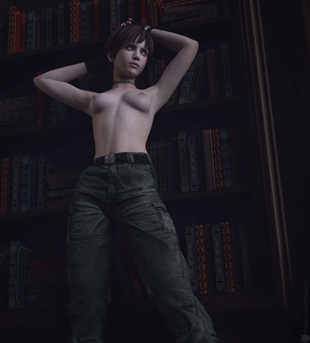 3d, breasts, choker, female, missally, rebecca chambers, resident evil, seductive pose, short hair, topless