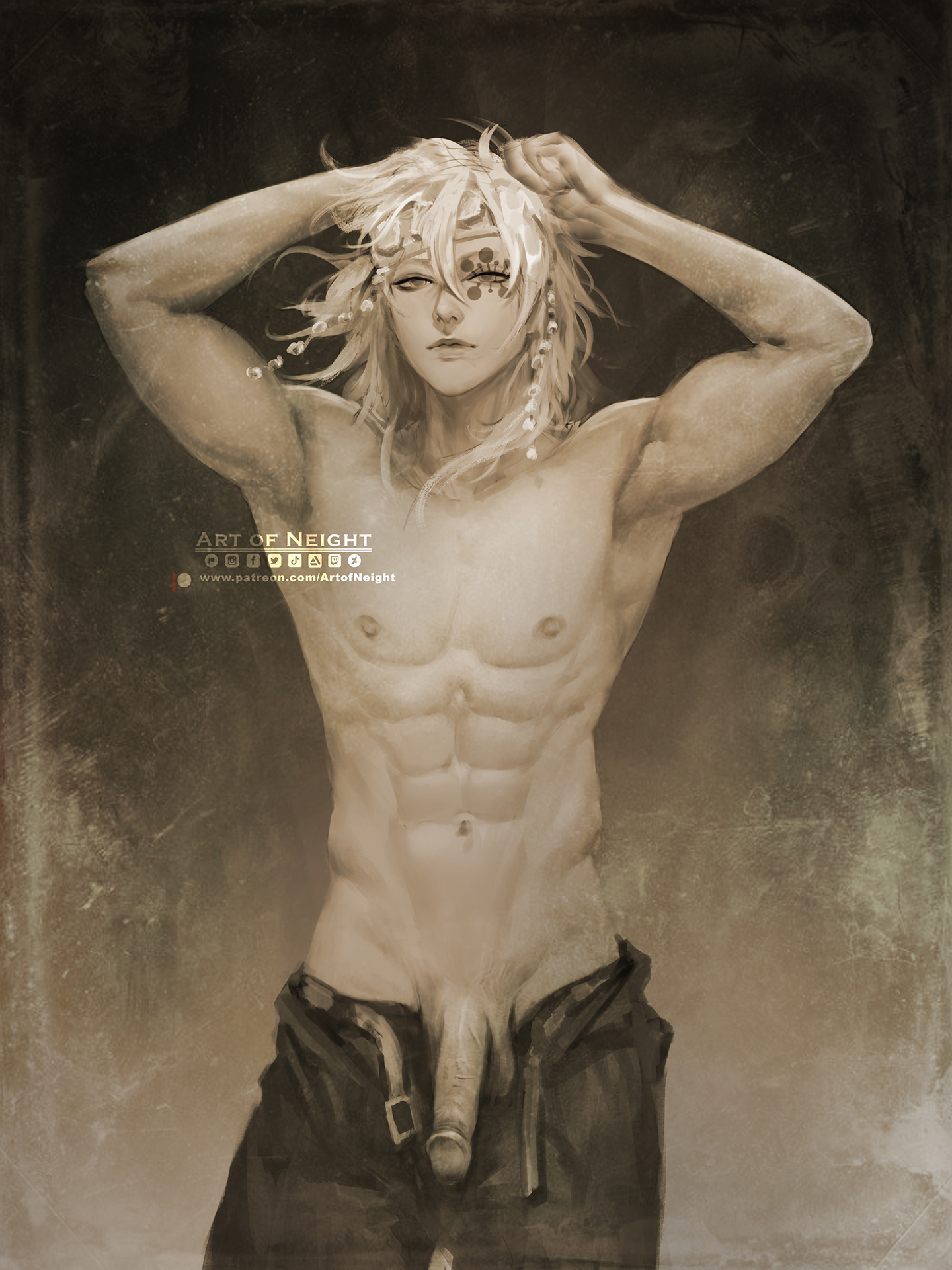1boy, alternate version available, armpits, arms up, artofneight, circumcised, demon slayer, facial mark, flaccid, hair down, hands on head, headband, headgear, headwear, jewelry, kimetsu no yaiba, looking at viewer, male, male only, monochrome, muscular, muscular male, neight, open pants, painting (artwork), penis, penis out, realistic, solo, topless, topless male, unbuckled belt, uncensored, uzui tengen, veiny penis