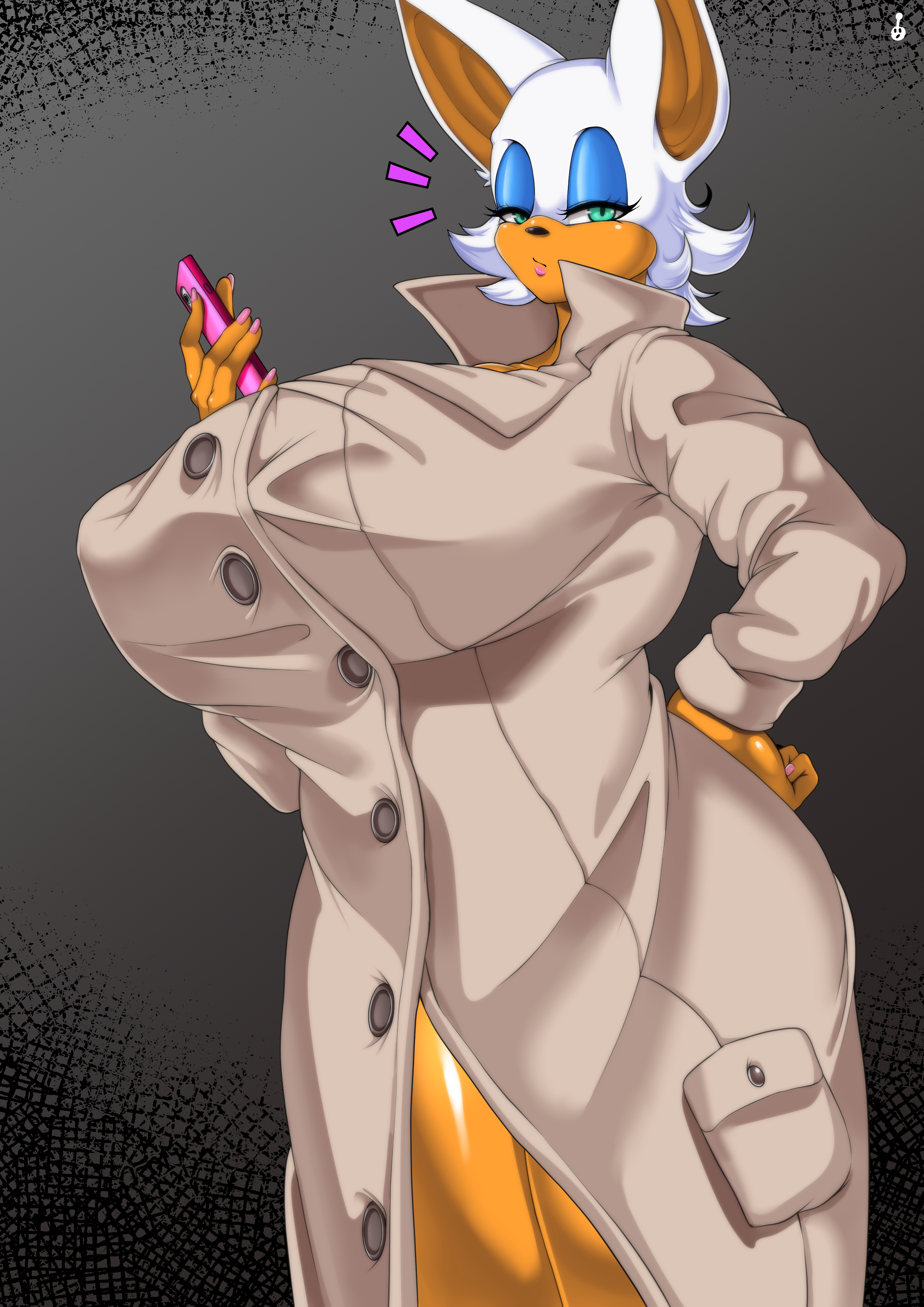1girls, big breasts, big thighs, breasts, busty, cellphone, female, giant breasts, gigantic breasts, huge breasts, huge thighs, large breasts, large thighs, massive breasts, massive thighs, phone, rouge the bat, sega, sonic (series), sonic the hedgehog (series), thick thighs, thighs, trenchcoat, voluptuous, wide thighs, wirberlwind
