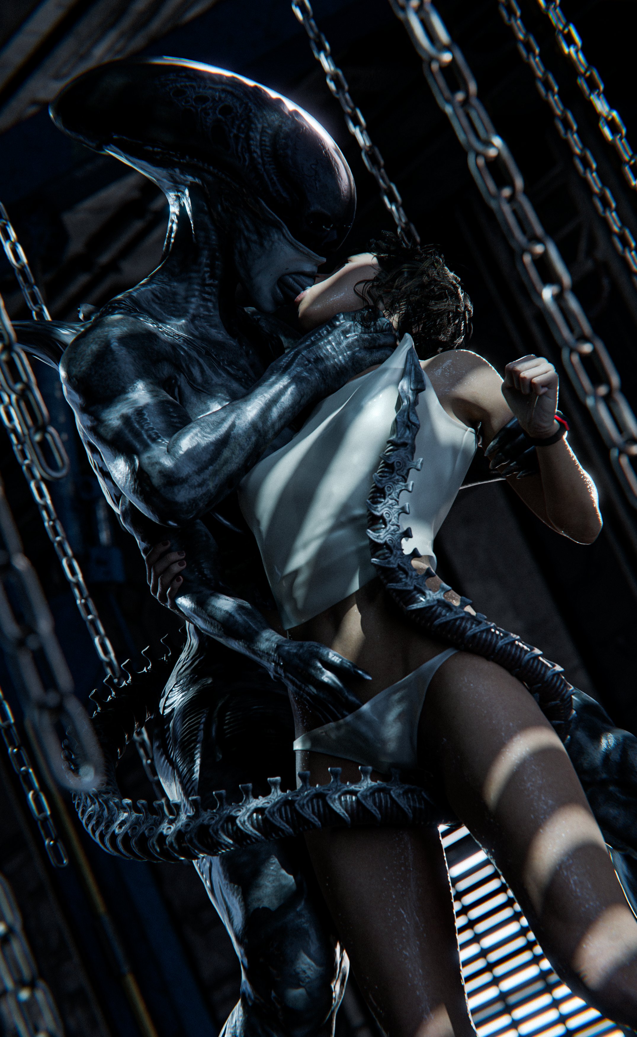 1girls, 3d, alien (franchise), choking, ellen ripley, exoskeleton, female, female human, female xenomorph, futanari, hand in panties, human, human female, inner mouth, intersex, interspecies, kissing, kumwaii, neck grab, panties, underwear, xenomorph
