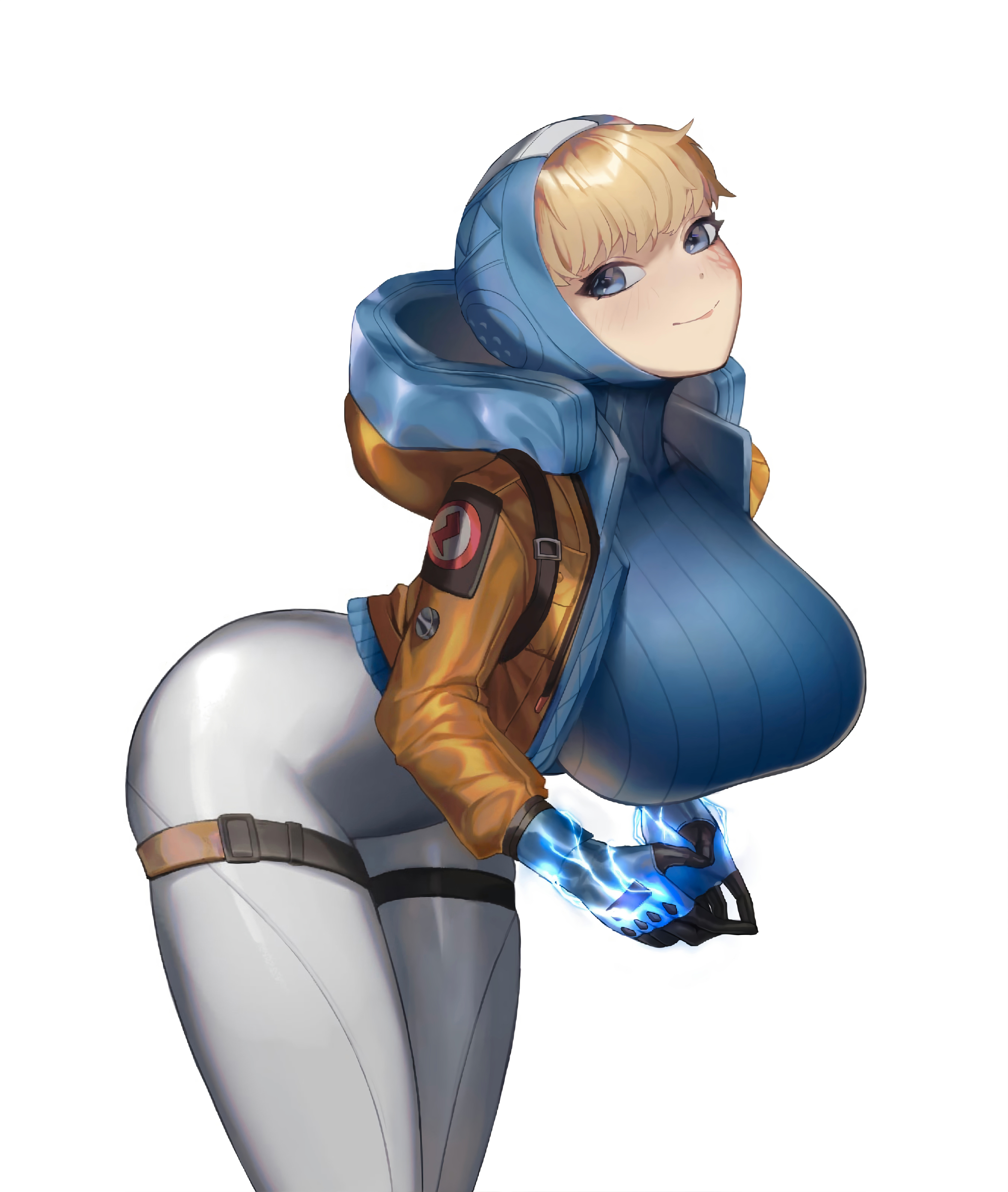 1girls, 2022, alternate breast size, apex legends, ass, belt, big ass, big breasts, big hips, big thighs, blue eyes, bottom heavy, breasts, bubble ass, bubble butt, bursting breasts, curvy, curvy female, electricity, female, gigantic ass, hips, hourglass figure, huge ass, huge breasts, jumpsuit, looking at another, massive ass, massive breasts, massive thighs, outgrowing clothes, simple background, skinsuit, stretched clothing, thick, thick ass, thick hips, thick legs, thick thighs, tight clothes, tight clothing, tight fit, tight pants, tight skirt, tights, wattson (apex legends), yellow hair