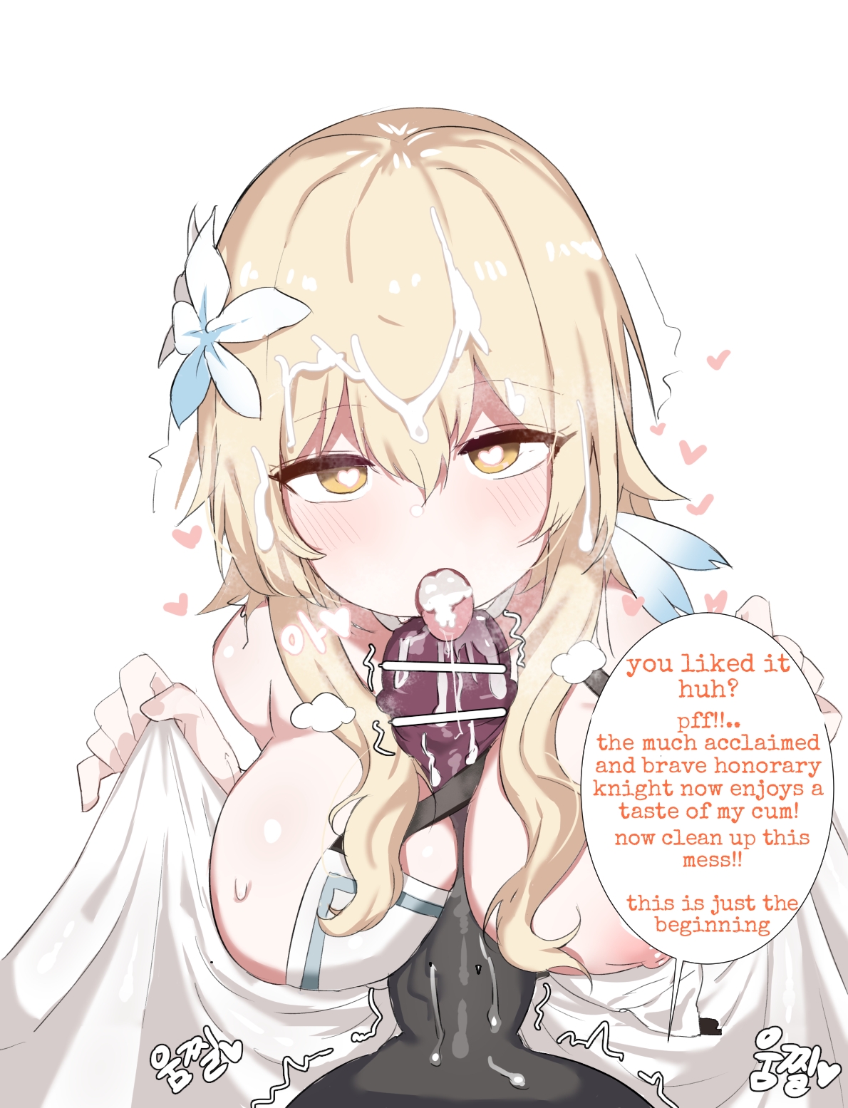 1boy, 1girls, blonde hair, blowjob, blue eyes, breasts, cum, cum in mouth, cum on body, cum on face, doldol, female, genshin impact, heart-shaped pupils, hilichurls (species), humiliation, hypnosis, lumine (genshin impact), male, mind break, mind control, paizuri, pov, seductive look, tongue, tongue out