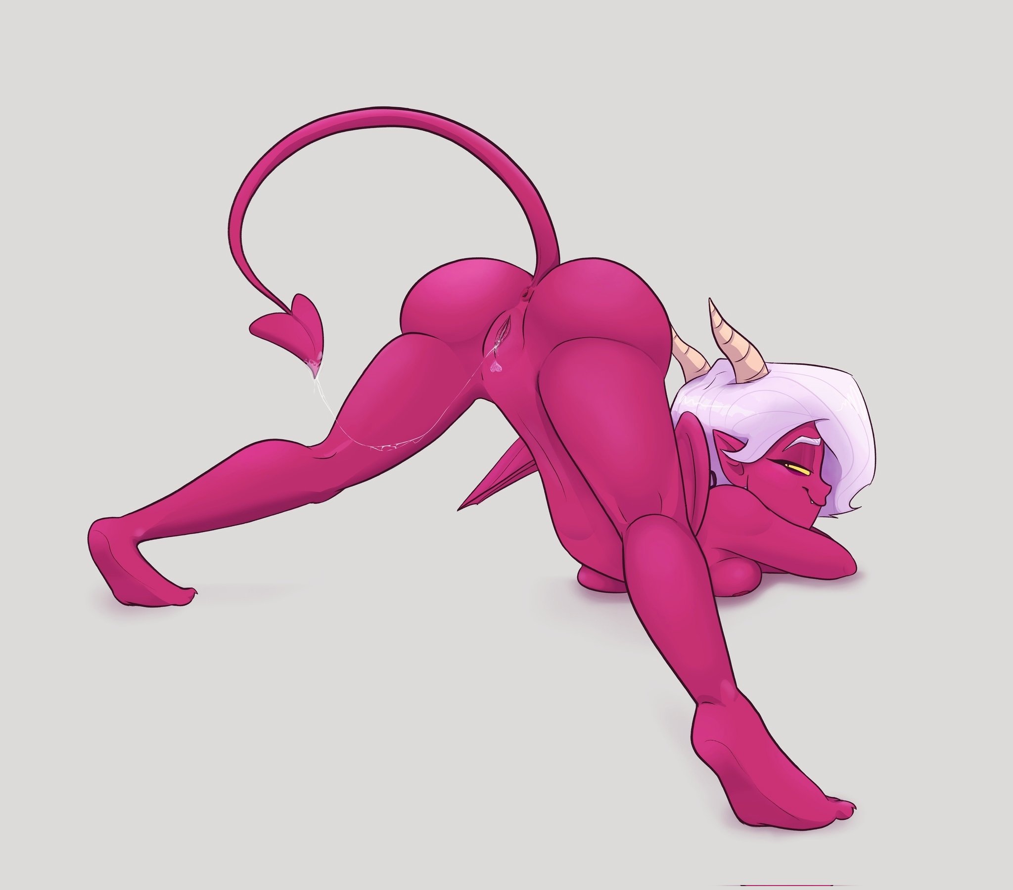 (mirius), 1girls, anus, ass, big ass, brawl stars, colette (brawl stars), completely naked, completely nude, demon, demon girl, demon tail, demon wings, eyelash, female, female only, hair over one eye, horns, looking at viewer, naked, naked female, nude, nude female, pink skin, pubic hair, pussy, red skin, sharp teeth, solo, solo female, solo focus, succubus, tail, thick thighs, totoshech, trixie colette (brawl stars), white hair, white pubic hair, wide hips, wings, yellow sclera